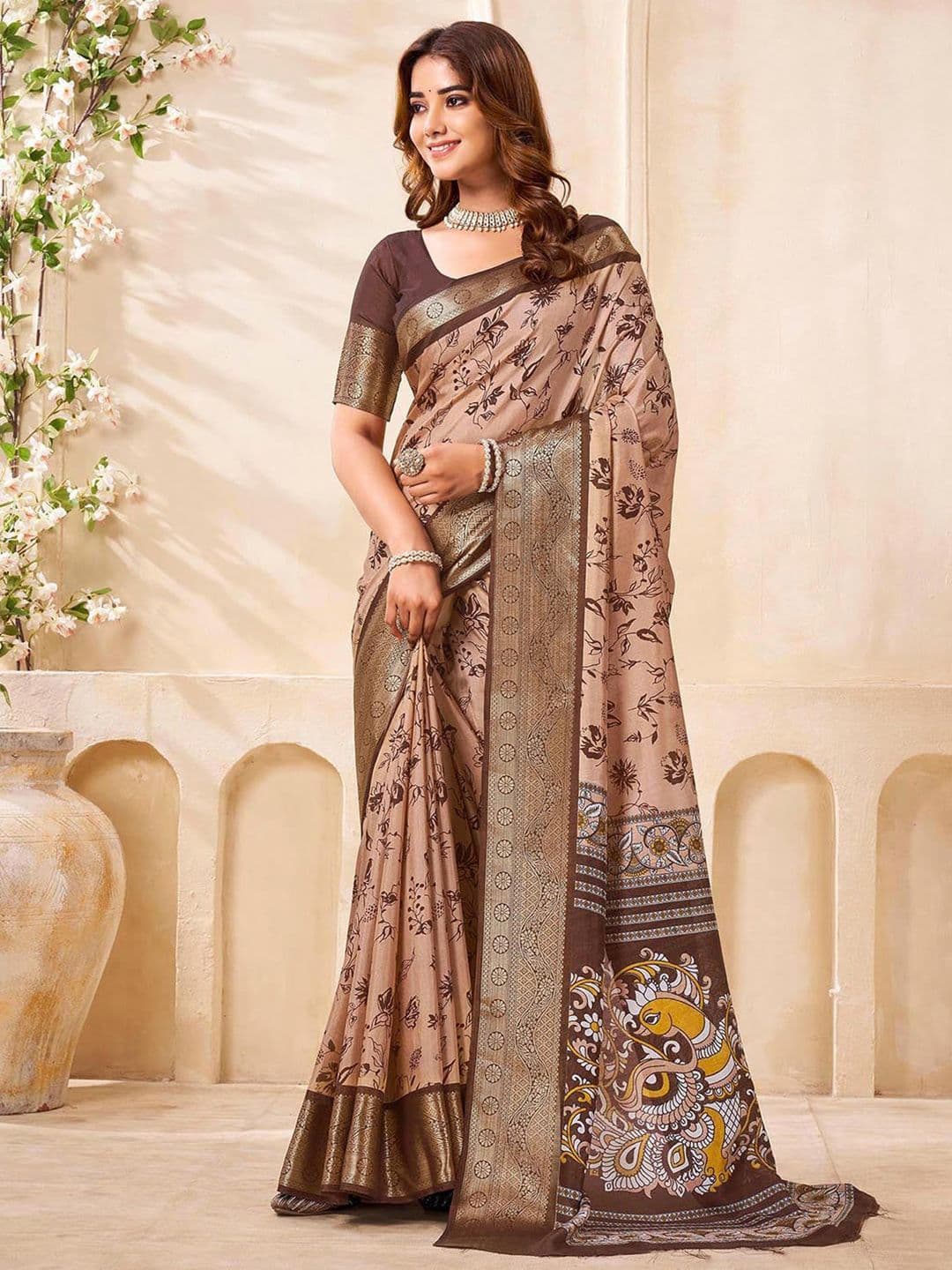 Mitera Floral Printed Zari Saree With Unstiched Blouse Piece - view 1