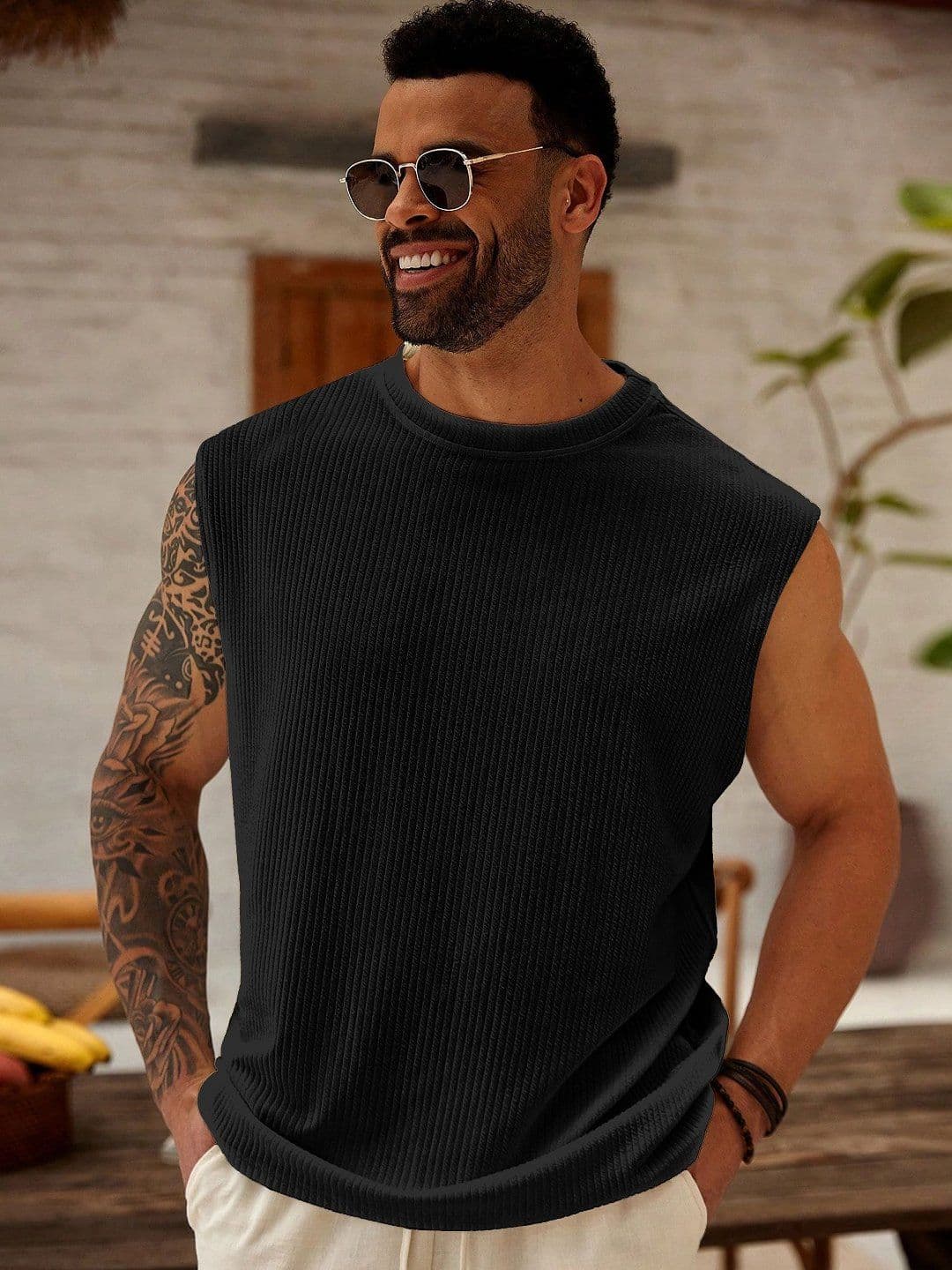 KAJARU Men Self Design Ribbed Regular Fit Sleeveless T-shirt - view 1