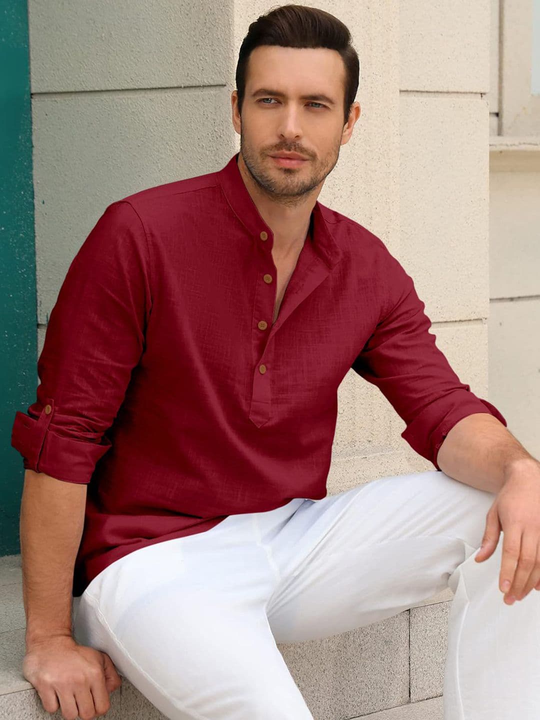 Zombom Men Mandarin Collar Roll-Up Sleeves Straight Kurta - view 1