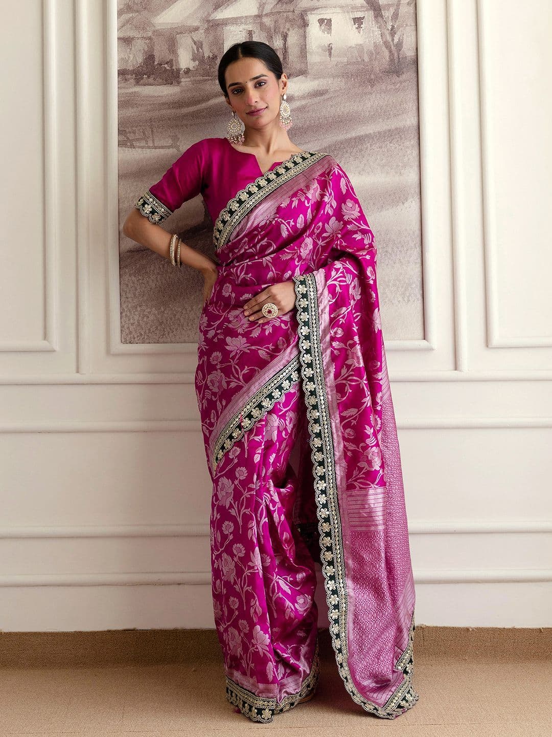 Satrani Floral Woven Design Sequinned Embellished Saree - view 1