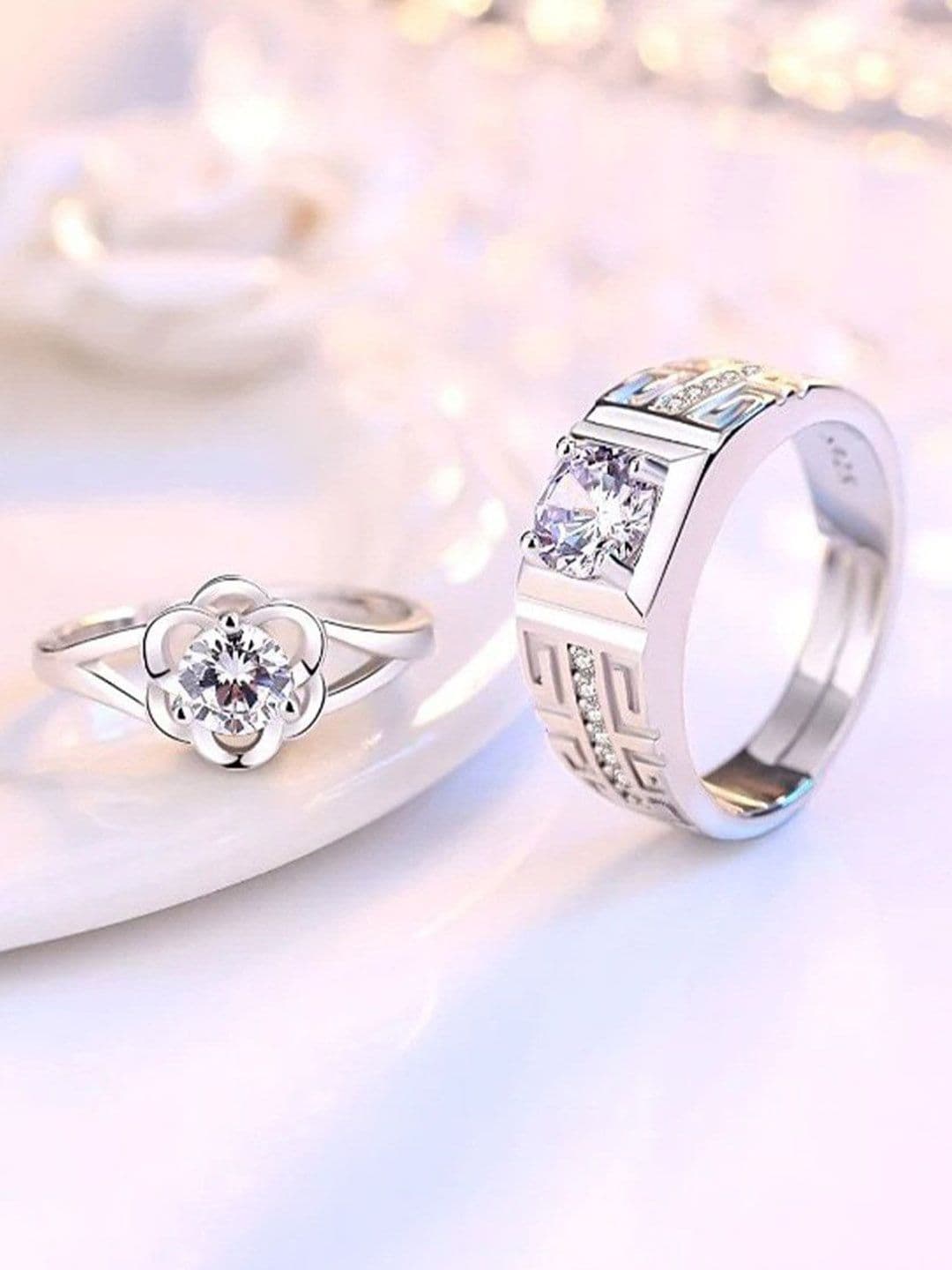 kazare Set Of 2 Rhodium Plated Stones Studded Adjustable Couple Finger Rings - view 1