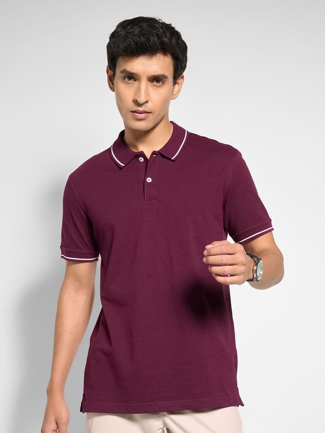 Peregrine by Pantaloons Men Solid Polo Collar Pure Cotton T-shirt - view 1