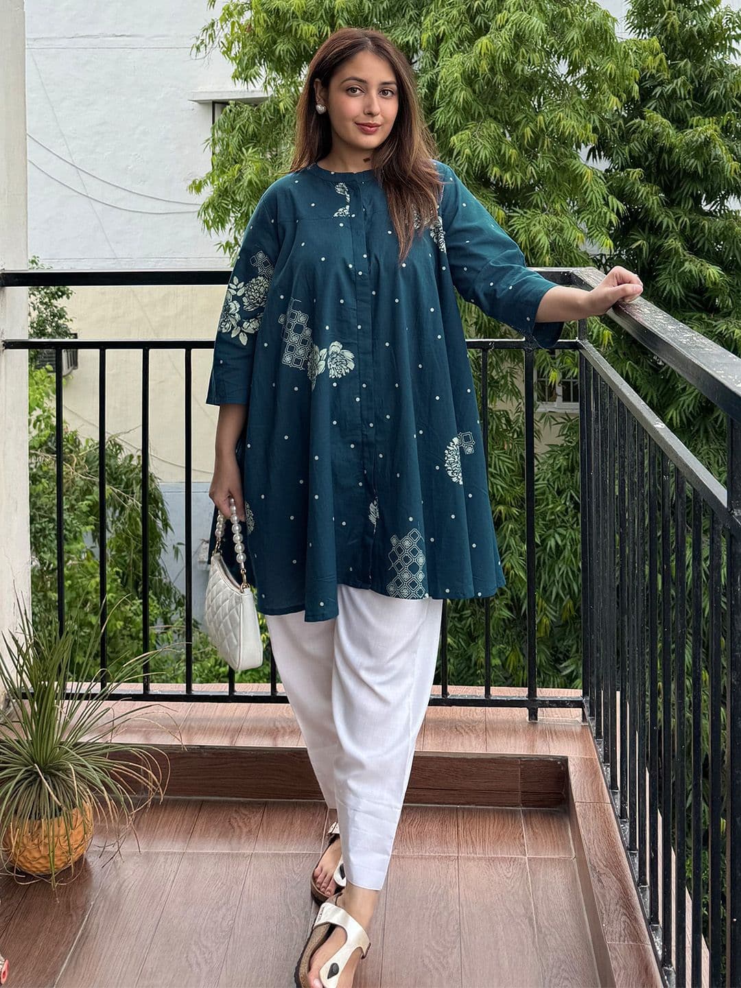 Janasya Women Mandarin Collar Teal Blue Pure Cotton Floral Printed Flared Tunic - view 1
