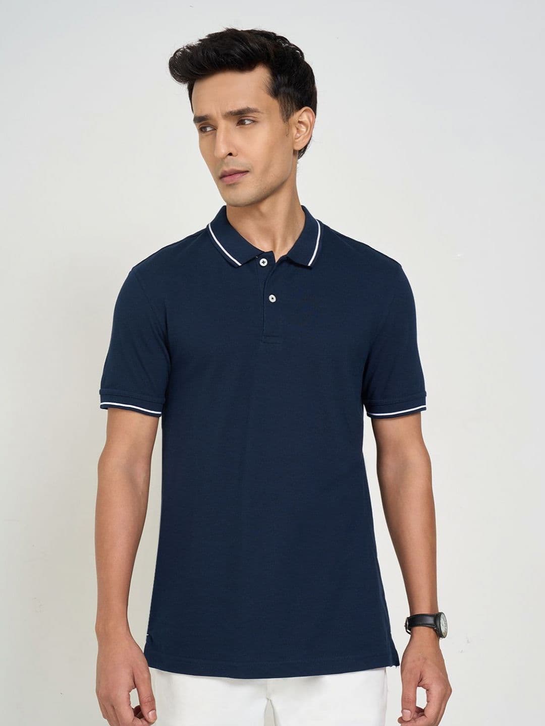 Peregrine by Pantaloons Men Solid Polo Collar Pure Cotton T-shirt - view 1