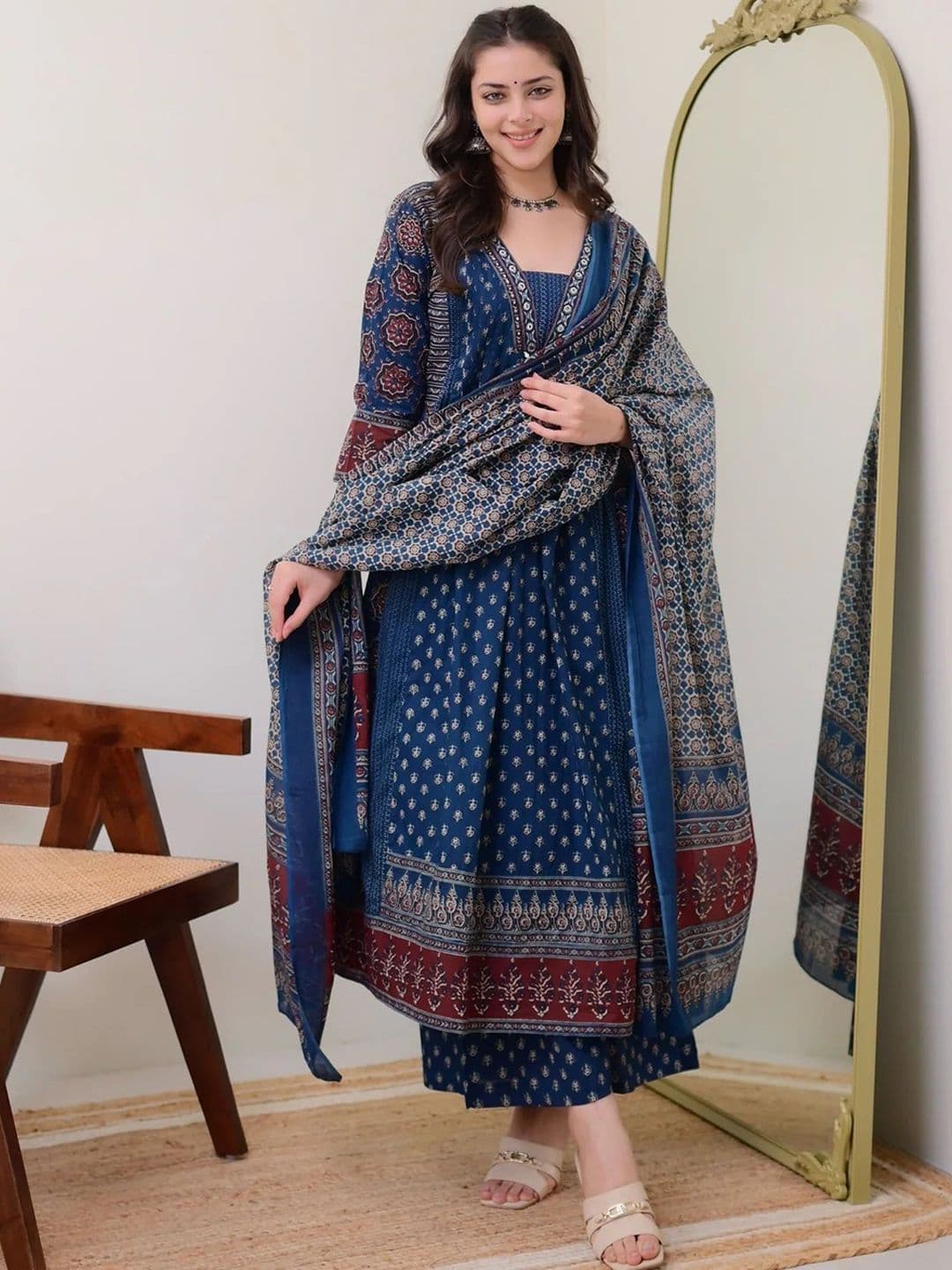 KALINI Floral Printed V Neck Anarkali Kurta With Trousers & Dupatta - view 1