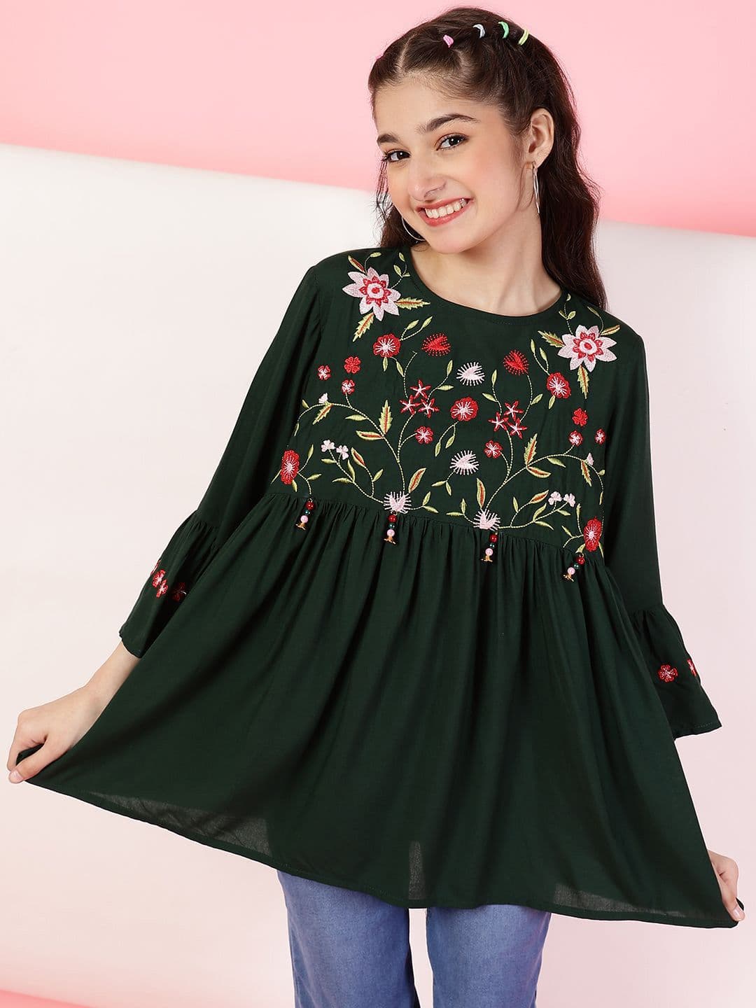 Miss & Chief Girls Floral Embroidered Bell Sleeves Top - view 1