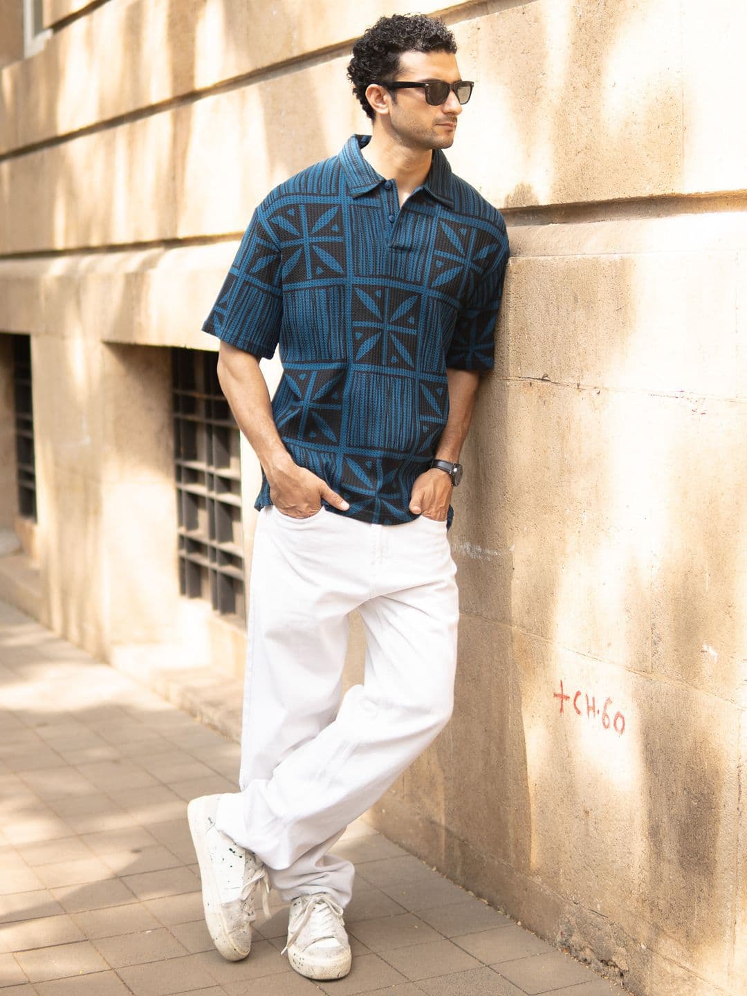 Powerlook SS25 Oversized Geometric Printed Drop-Shoulder Sleeves Pure Cotton T-Shirt - view 1