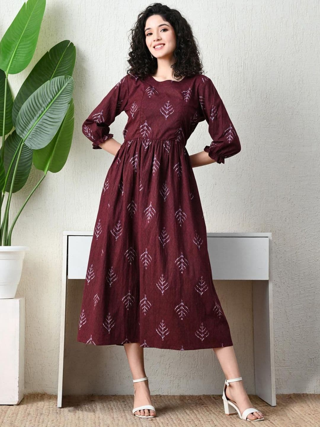 Ichaa Women Print Puff Sleeve Maternity Fit & Flare Midi Dress - view 1
