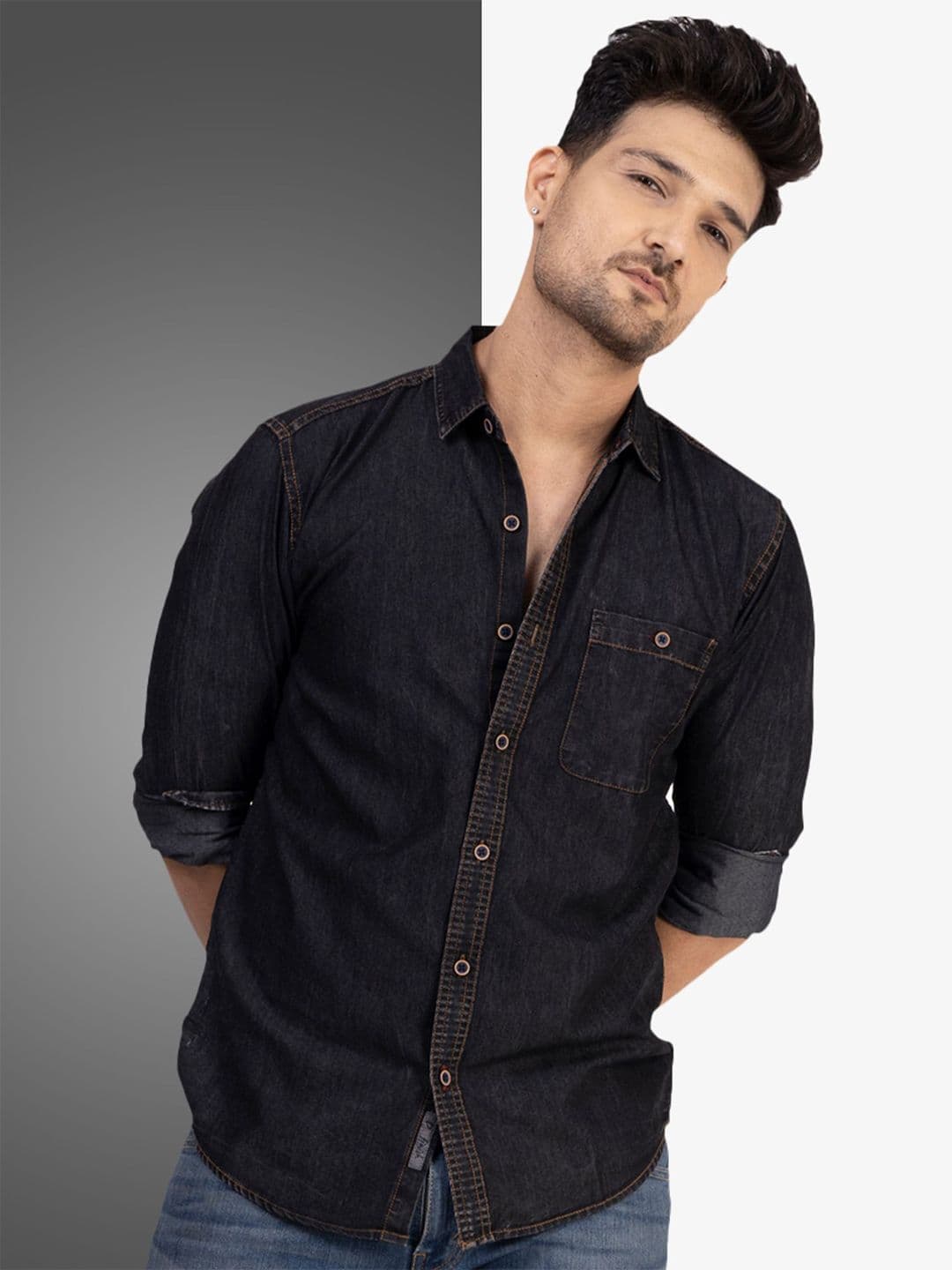 D Finish Spread Collar Smart Denim Casual Shirt - view 1