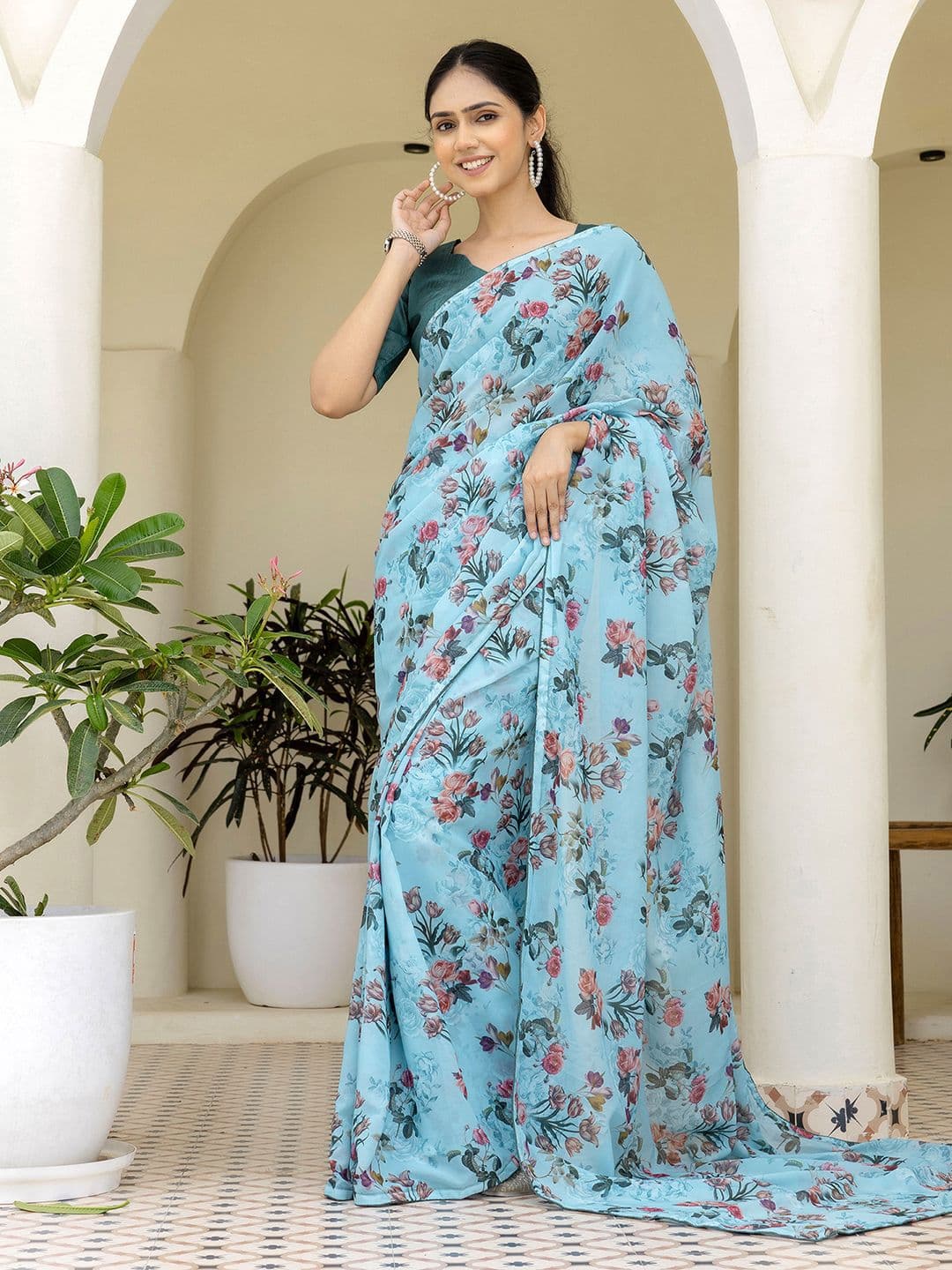 Mitera Floral Printed Pure Georgette Ready to Wear Saree - view 1