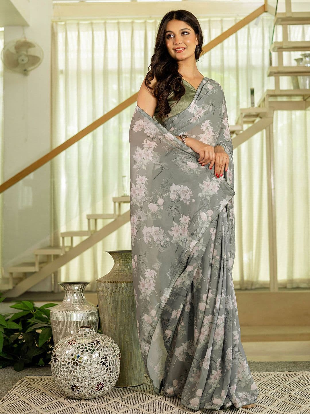 Mitera Women Floral Print Pure Georgette Ready to Wear Saree - view 1