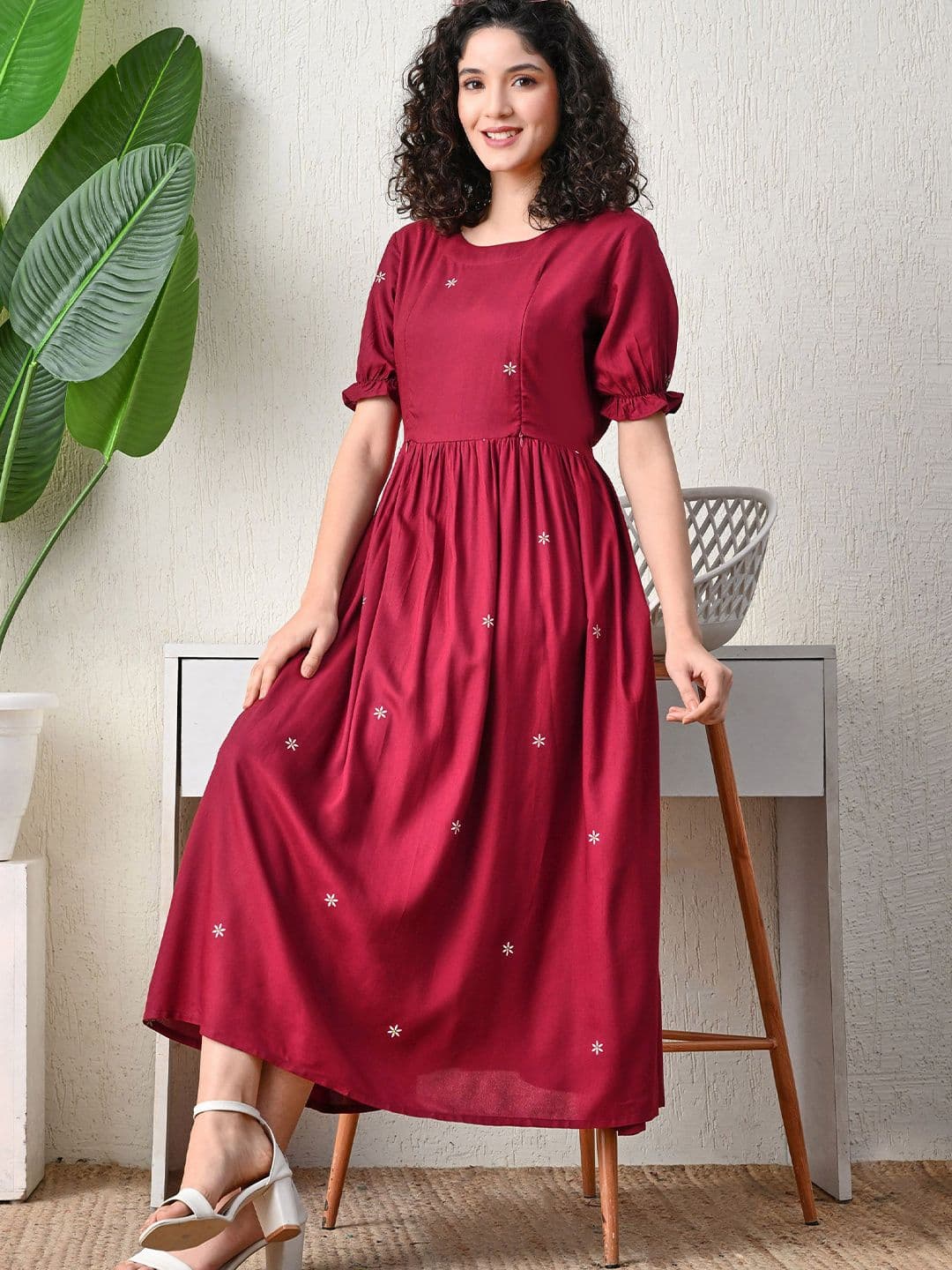 Ichaa Women Floral Embroidered Puff Sleeve Maternity Fit & Flare Midi Dress - view 1