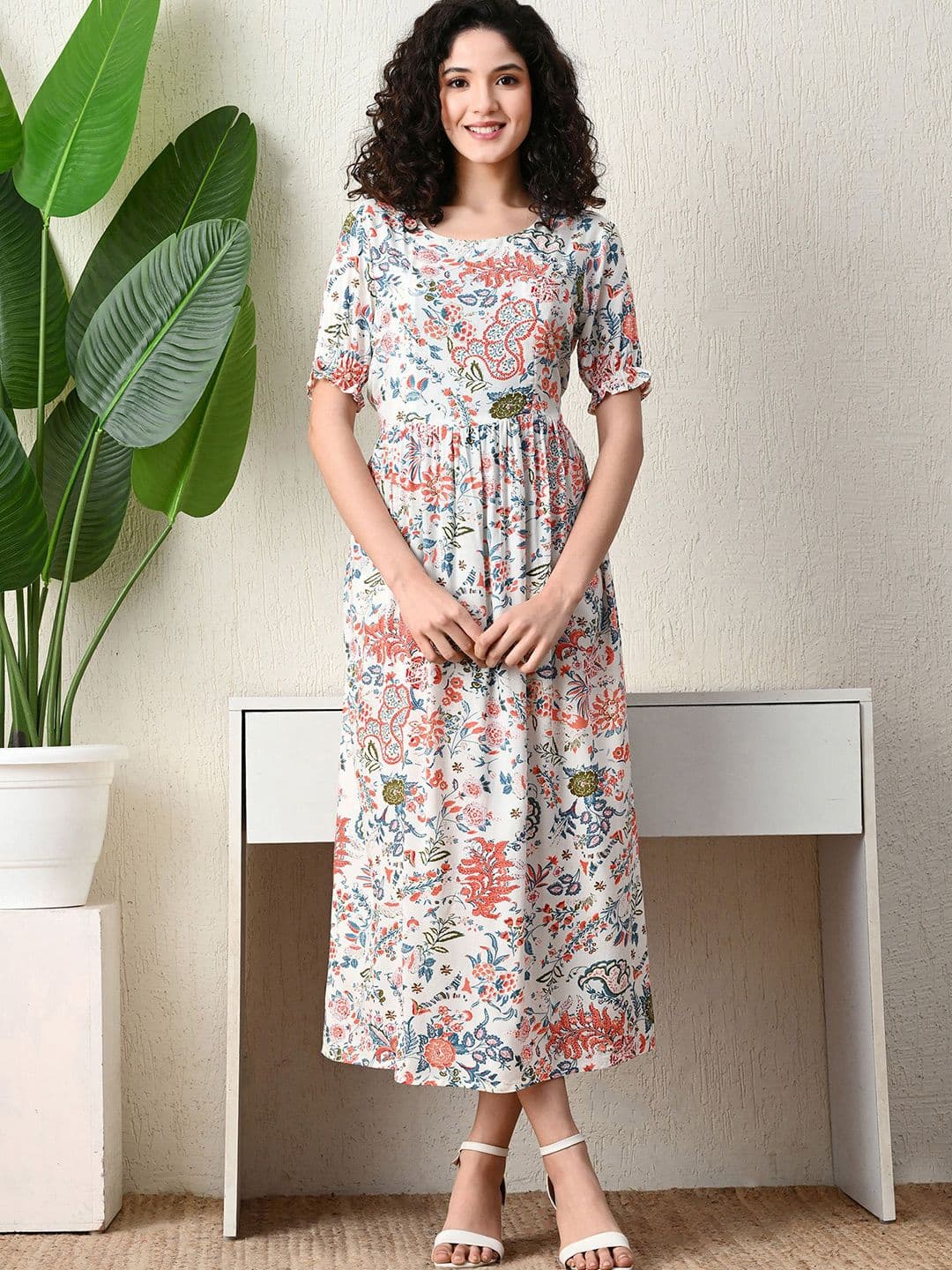 Ichaa Women Ethnic Motifs Print Puff Sleeve Maternity Fit & Flare Midi Dress - view 1