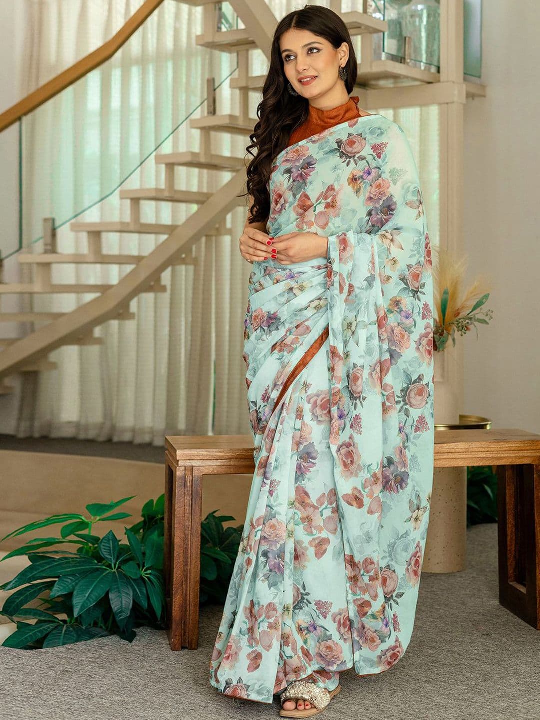 Mitera Floral Printed Pure Georgette Ready to Wear Saree - view 1