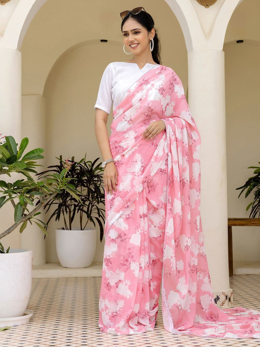 Mitera Floral Printed Pure Georgette Ready To Wear Saree - view 1