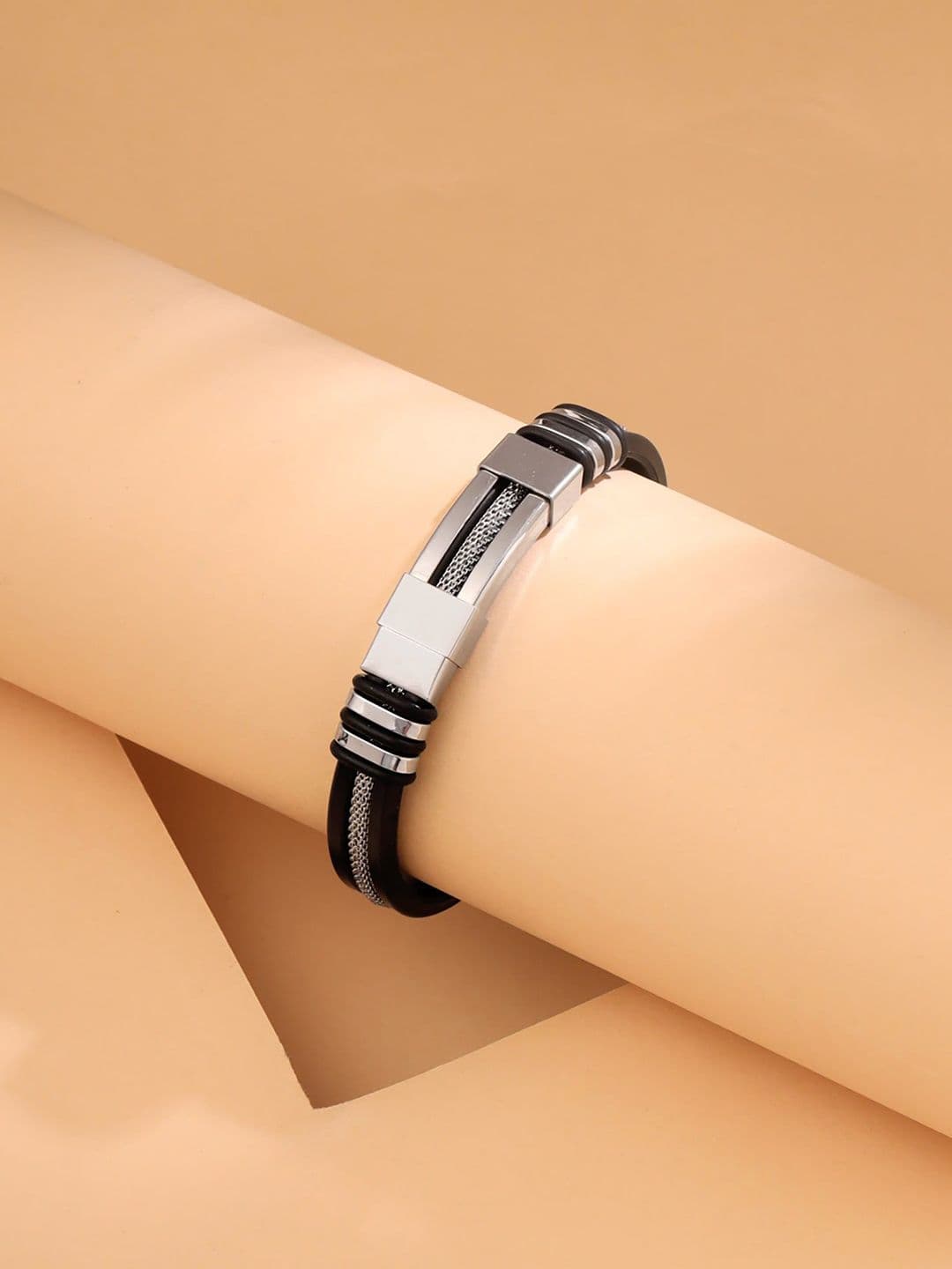 Yellow Chimes Men Rhodium Plated Stainless Steel Wraparound Bracelet - view 1