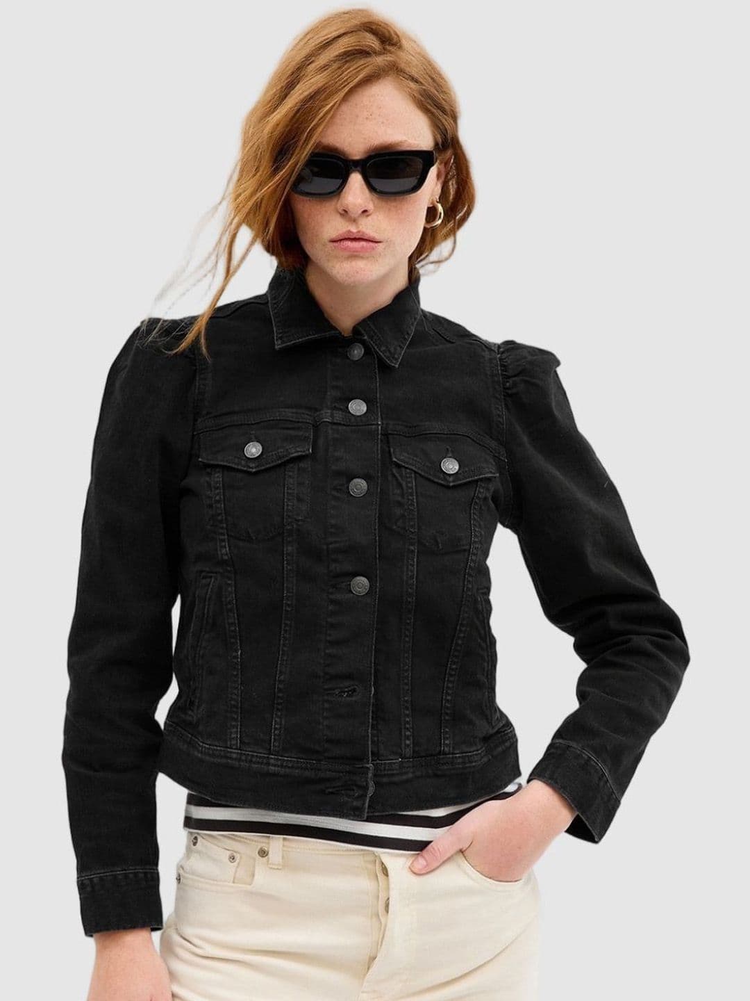 GAP Women Spread Collar Solid Pure Cotton Casual Denim Jacket - view 1