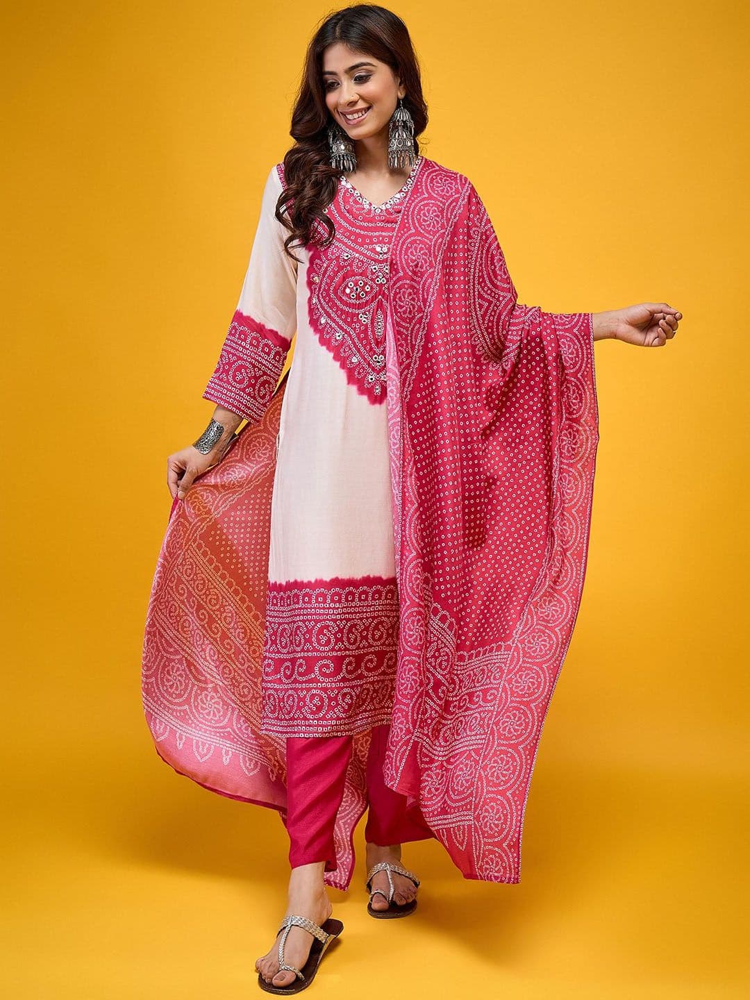 HERE&NOW Women Bandhani Printed Kurta with Trousers & Dupatta - view 1