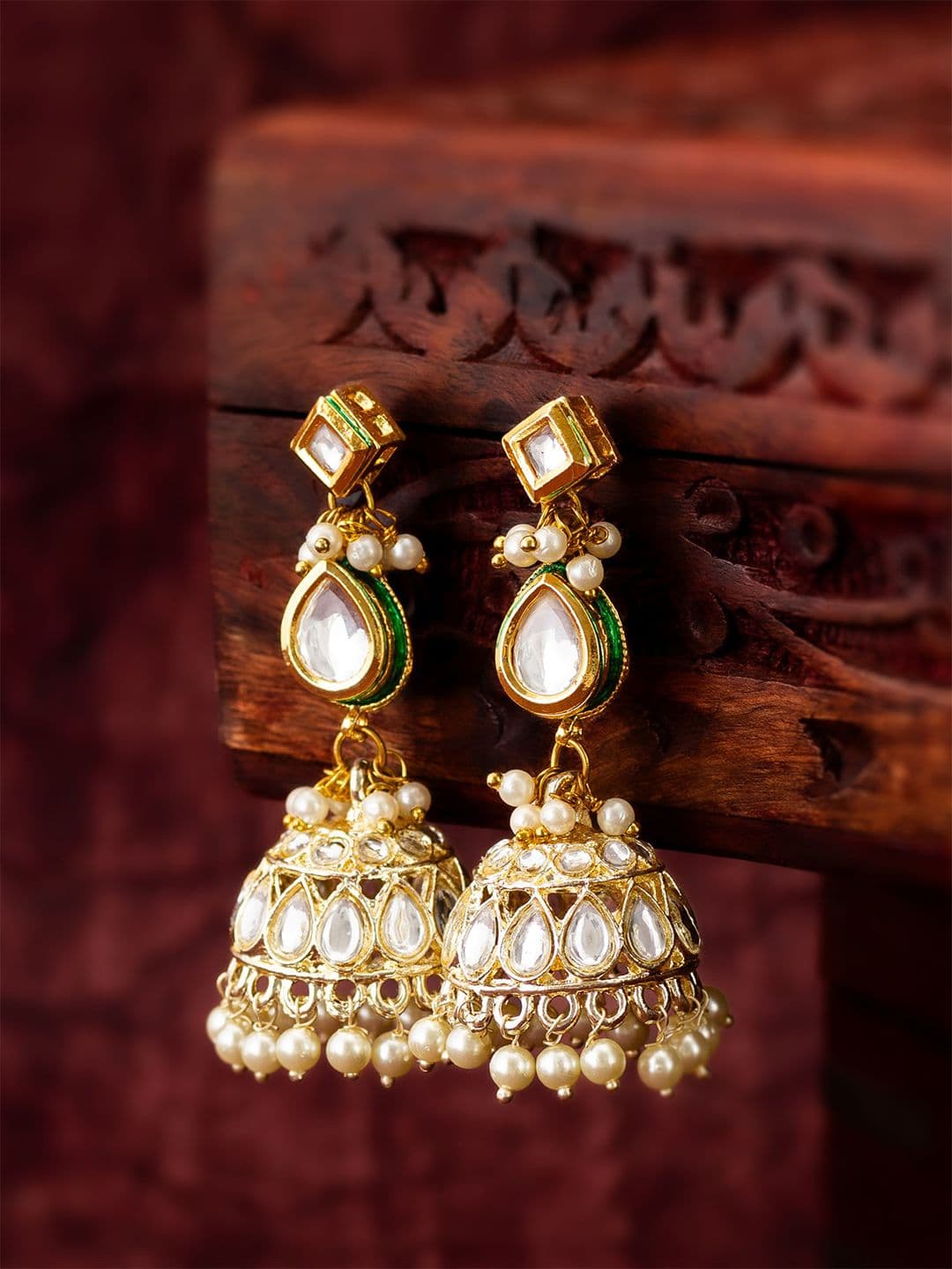 Anouk Gold-Plated Kundan & American Diamonds Studded & Beaded Dome Shaped Jhumkas - view 1