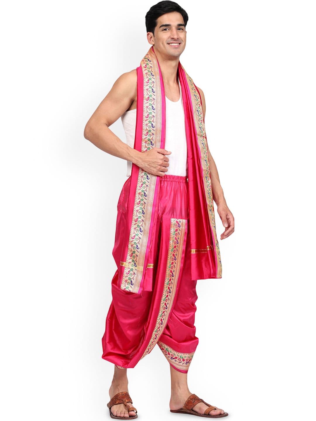 RAMESHWARAM FABRICS Men Dhoti and Angavastram Set with Woven Printed Border - view 1