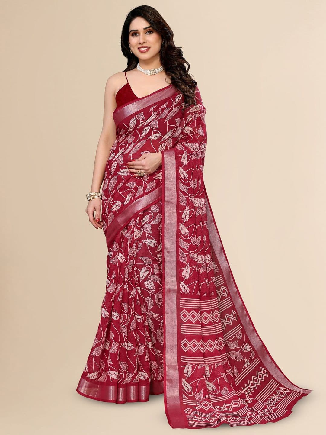 Moda Rapido Floral Zari Linen Blend Saree - view 1