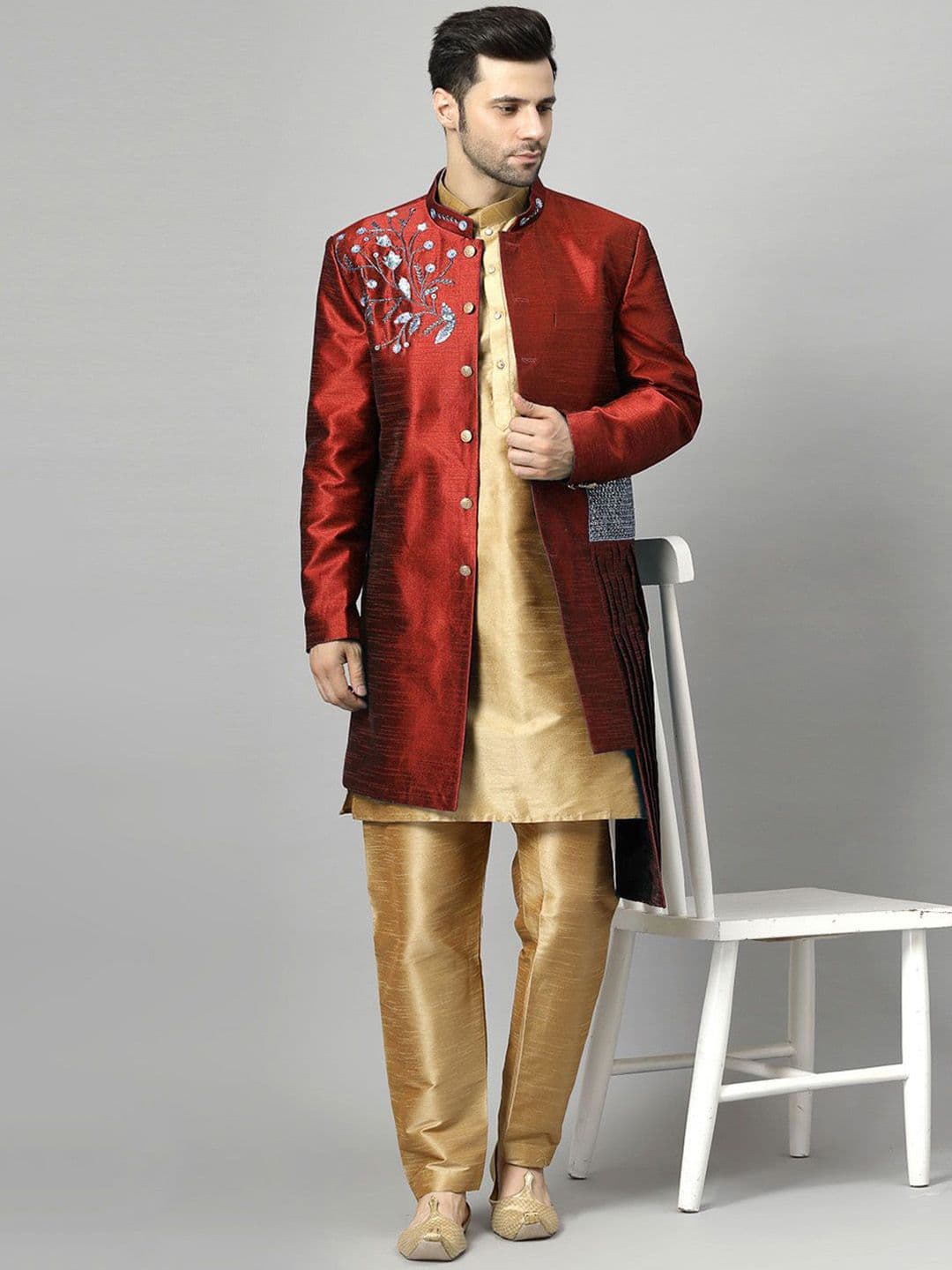 Utsav Fashion Embroidered Art Silk Sherwani & Pant With Art Silk Kurta Set - view 1