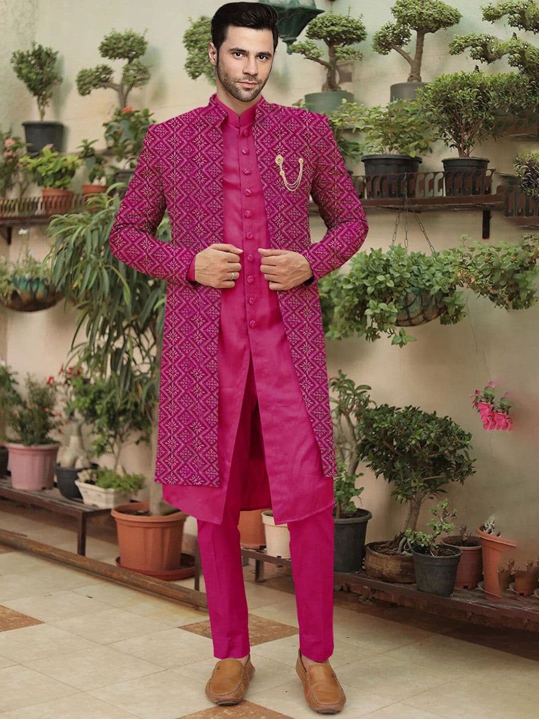 Utsav Fashion Men Embroidered Cotton Silk Sherwani & Pant With Faux Georgette Jacket Set - view 1