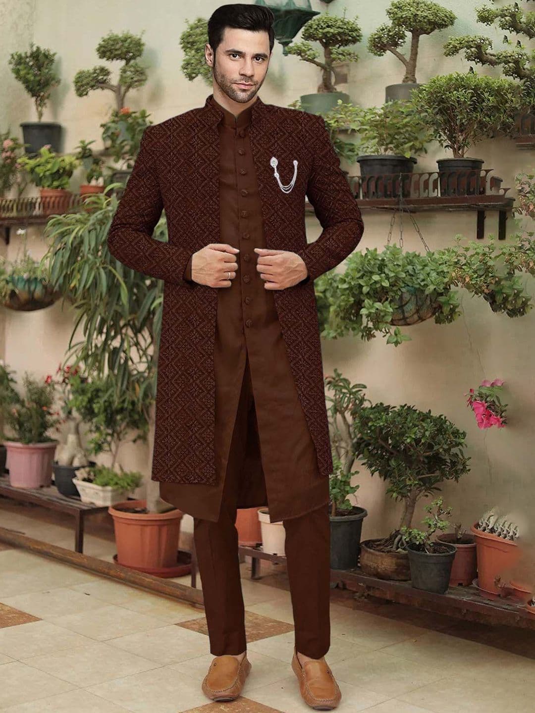 Utsav Fashion Men Embroidered Cotton Silk Sherwani and Pant with Faux Georgette Jacket Set - view 1