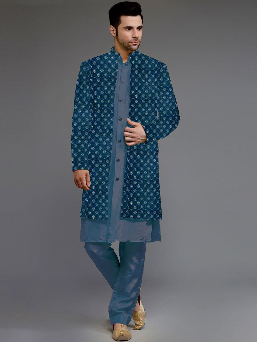 Utsav Fashion Men Embroidered Uppada Silk Sherwani and pant with Faux Georgette Jacket Set - view 1