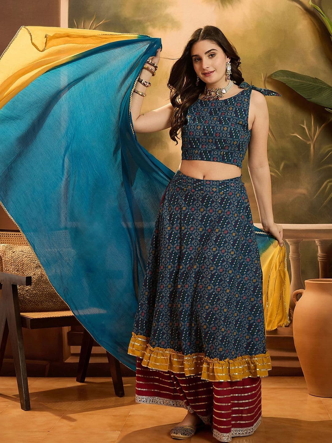 Sangria Printed Ready To Wear Lehenga & Blouse With Dupatta - view 1