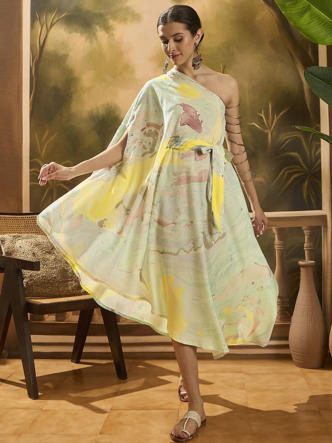 Sangria Women Marble Printed One-Shoulder Kaftan Dress - view 1