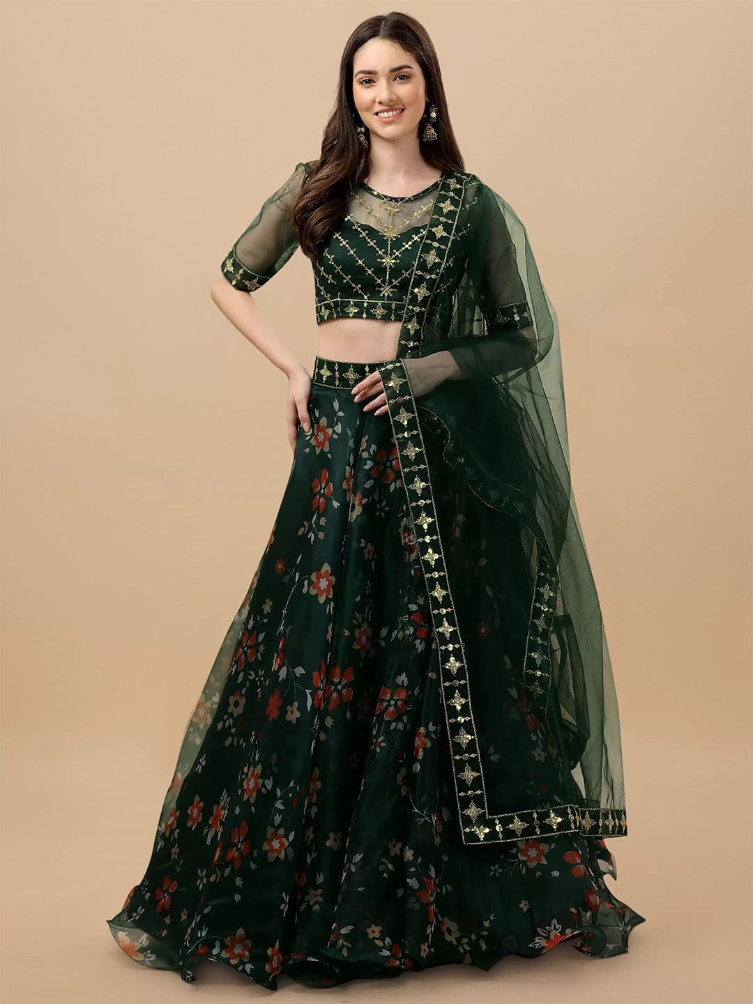 BAESD Floral Embroidered Organza Ready to Wear Lehenga & Unstitched Blouse With Dupatta - view 1