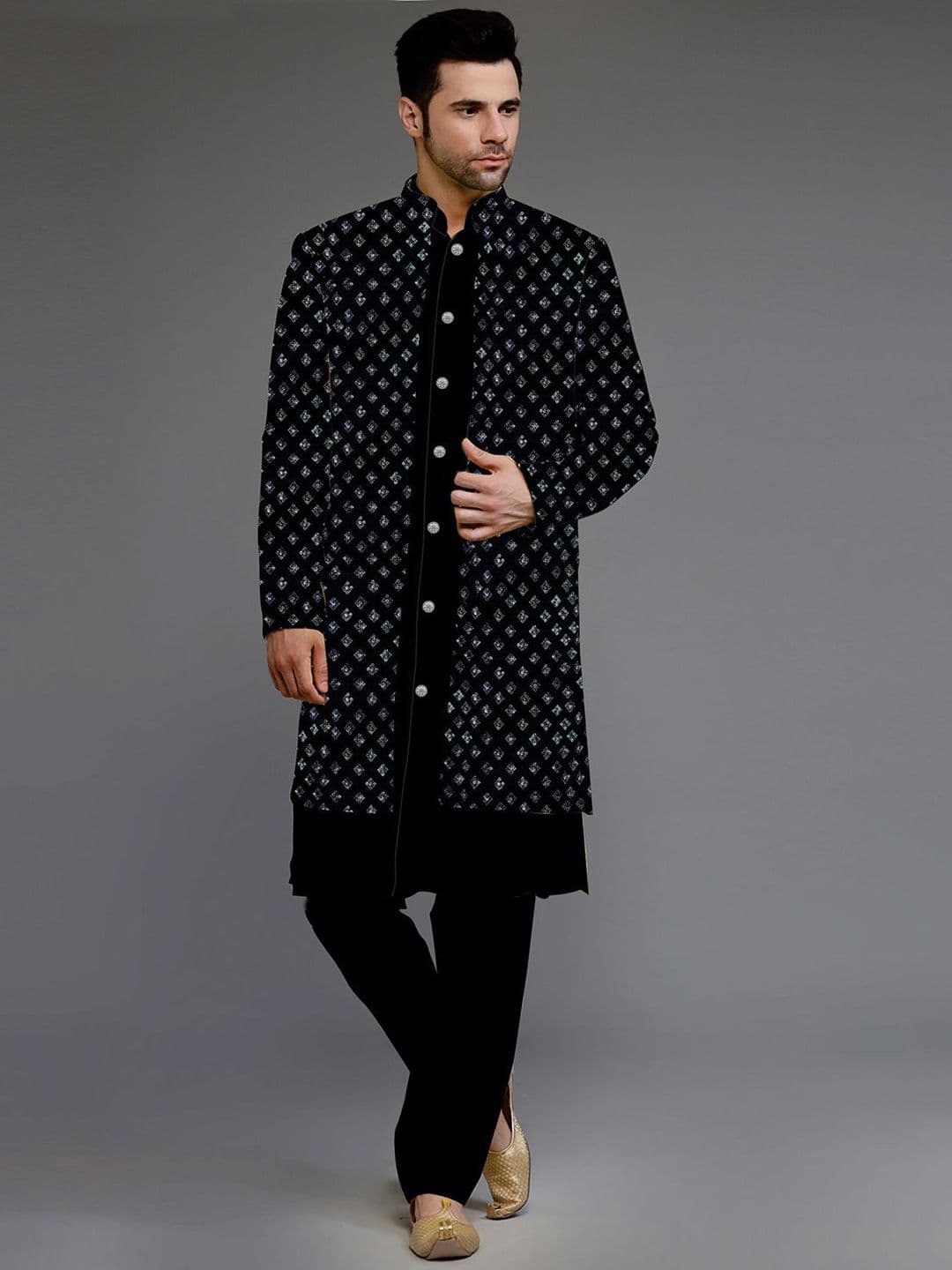 Utsav Fashion Embroidered Uppada Silk Sherwani and pant with Faux Georgette Jacket Set - view 1