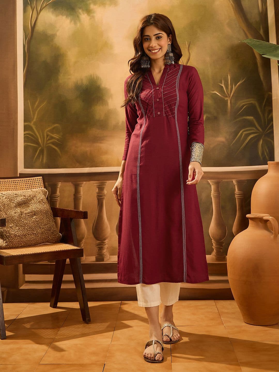 Sangria Striped Embroidered Mandarin Collar Straight Kurta - view 1
