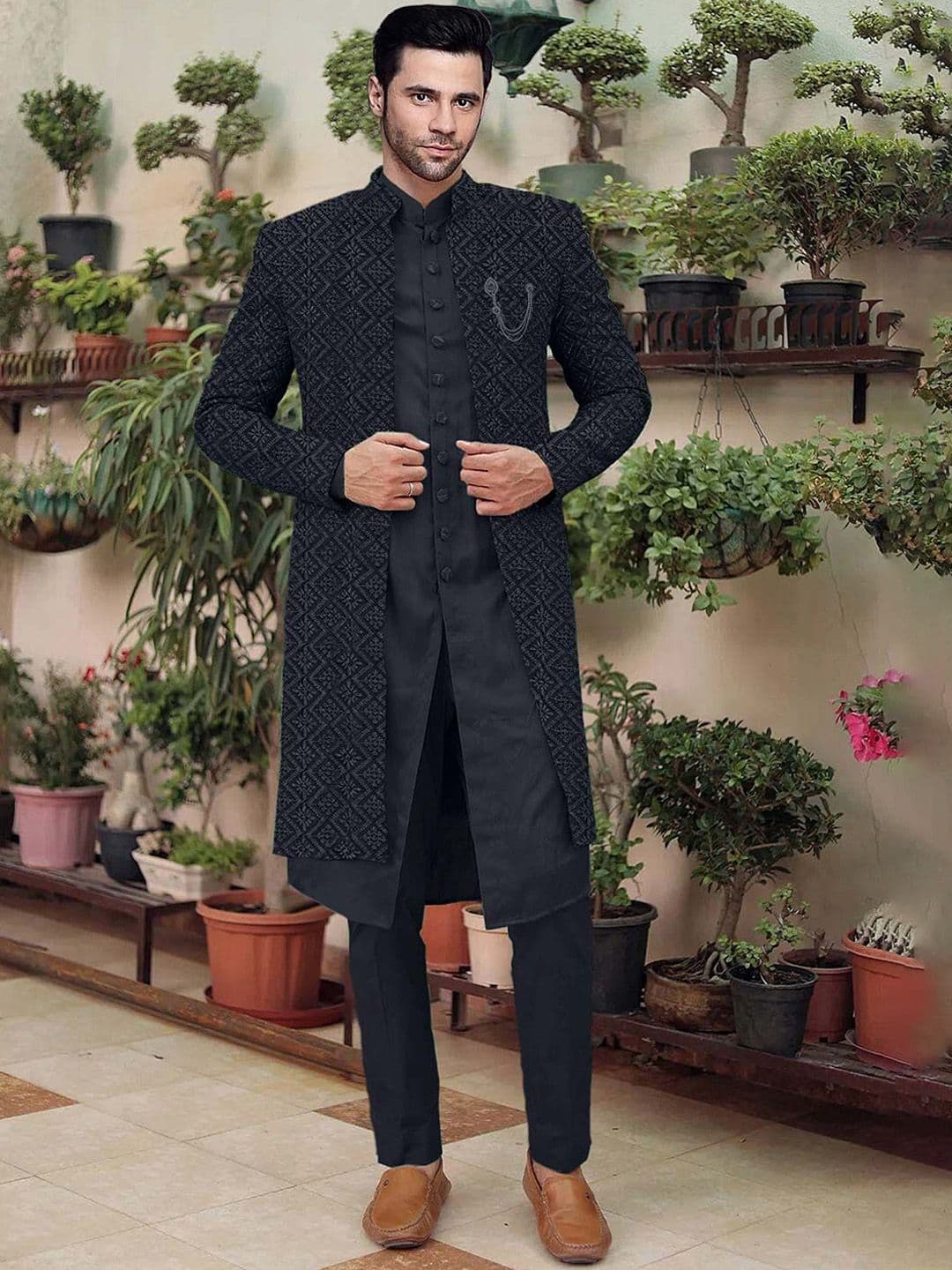 Utsav Fashion Men Embroidered Cotton Silk Sherwani and pant with Faux Georgette Jacket Set - view 1