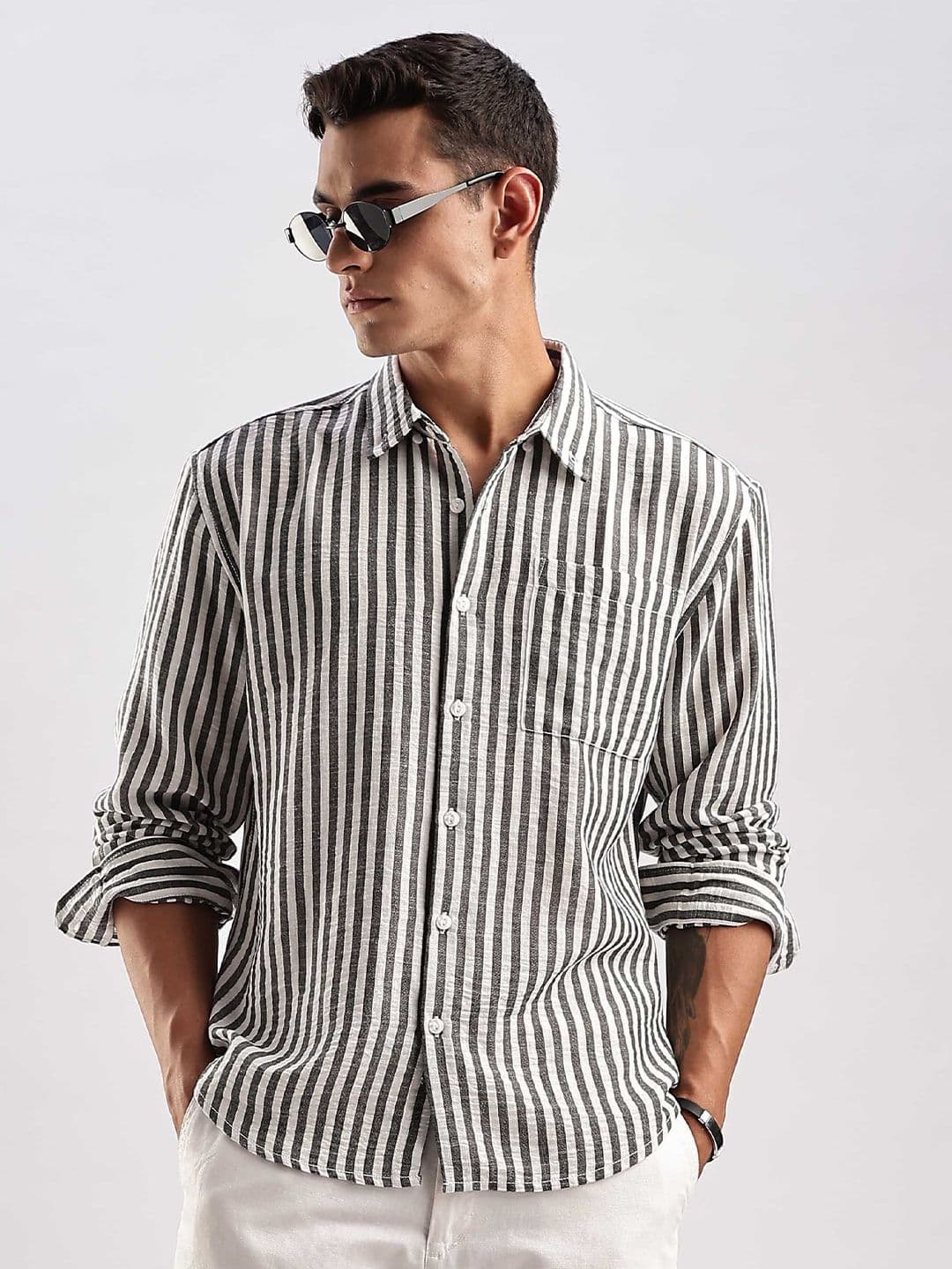HERE&NOW Relaxed Fit Striped Button-Down Collar Linen Blend Casual Shirt - view 1