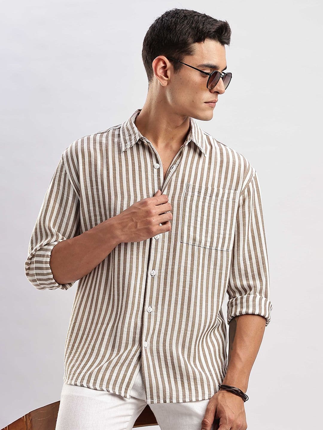 HERE&NOW Relaxed Fit Opaque Striped Button-Down Collar Linen Blend Casual Shirt - view 1