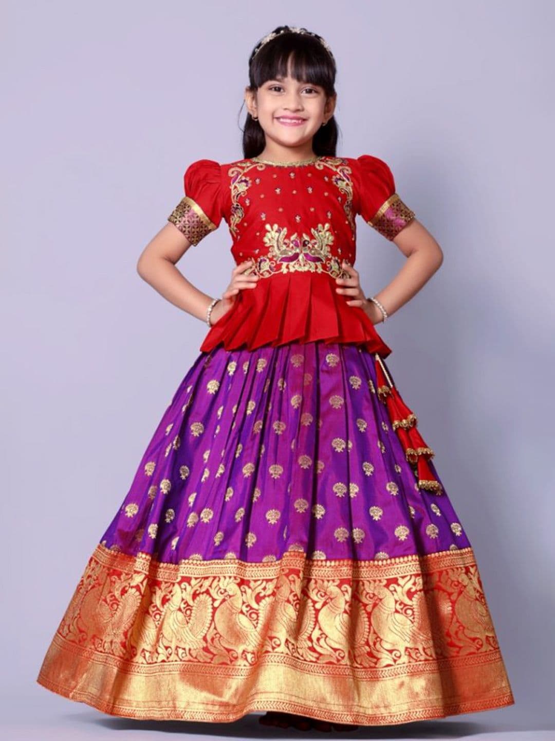 BAESD Girls Embroidered Thread Work Ready To Wear Jacquard Lehenga & Choli - view 1