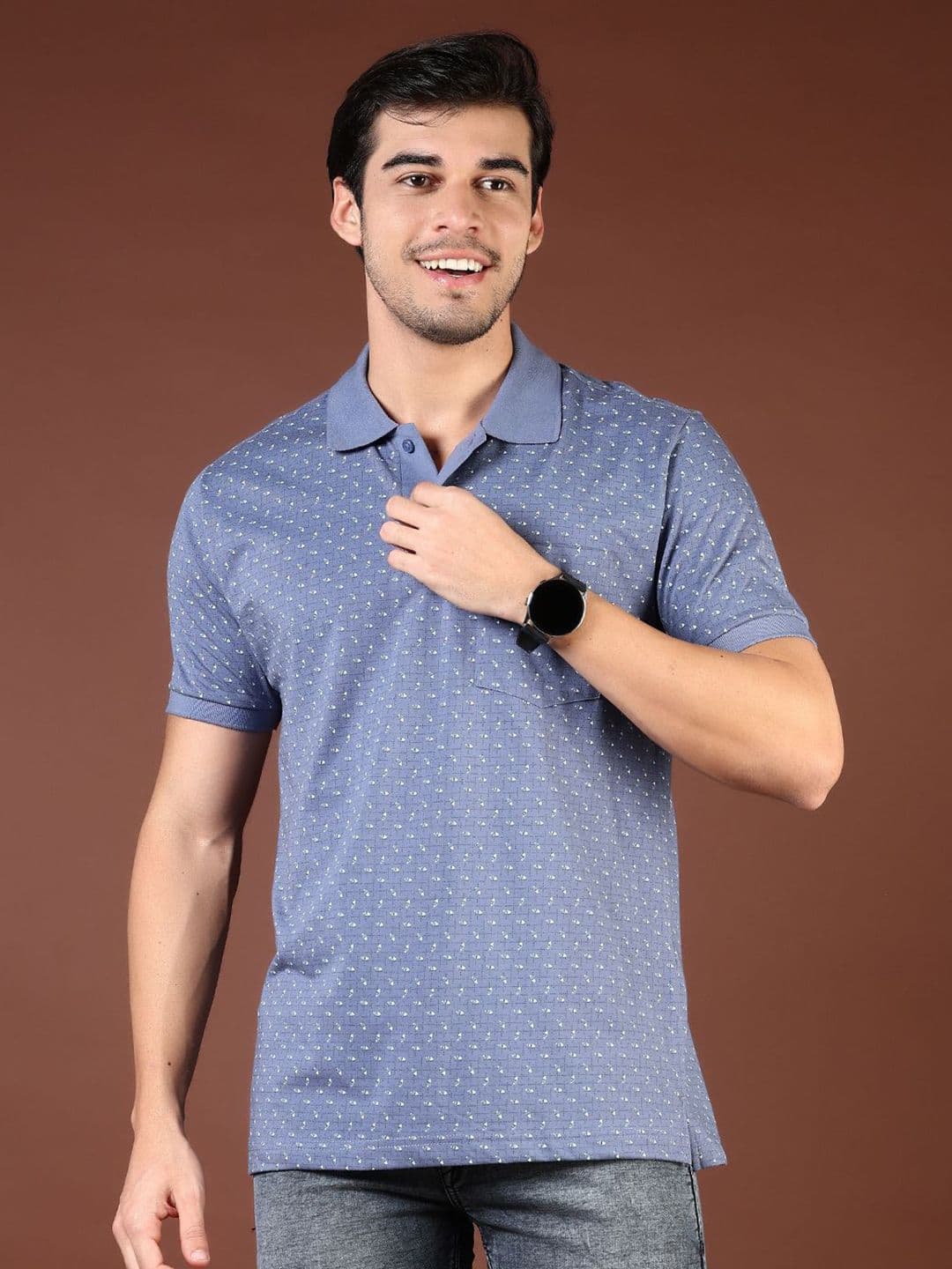 V-Mart Men Geometric Printed Polo Collar Cotton Slim Fit T-shirt - view 1