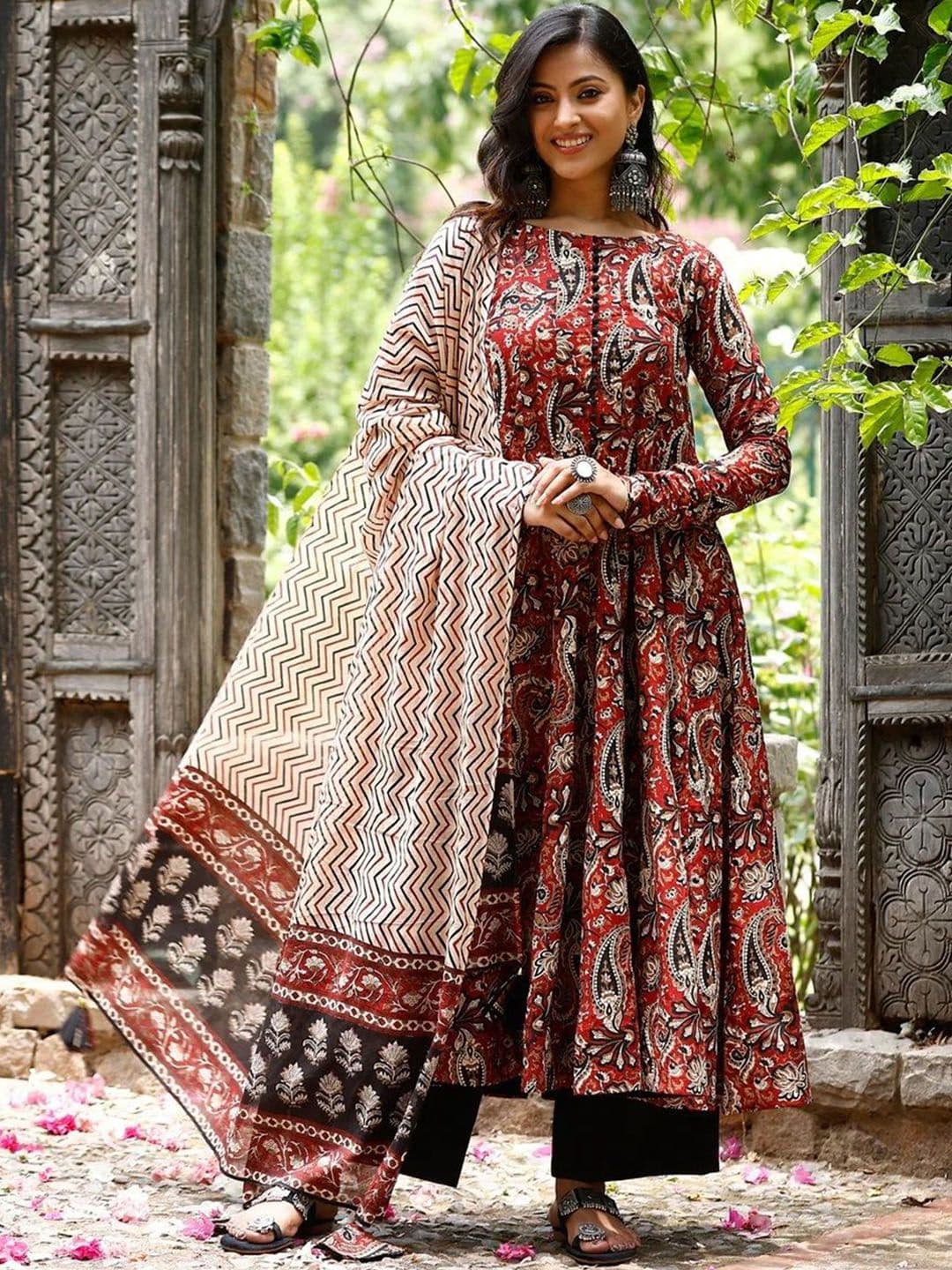 KALINI Floral Printed Round Neck Anarkali Kurta With Trousers & Dupatta - view 1