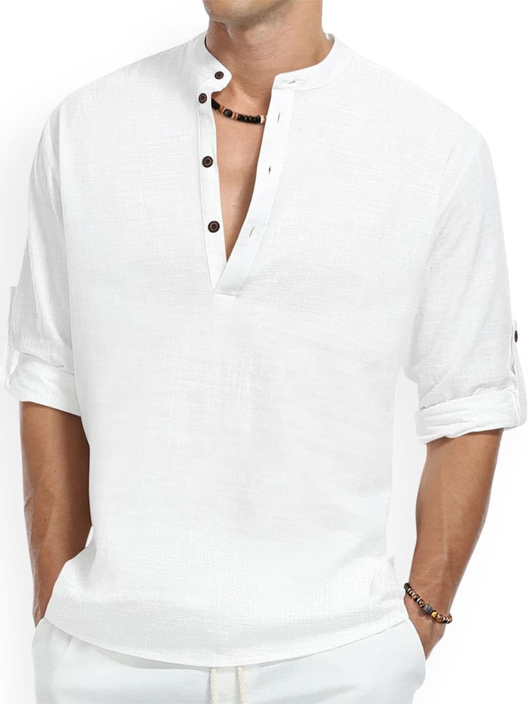 Fifth U Band Collar Roll-Up Sleeves Straight Short Kurta - view 1