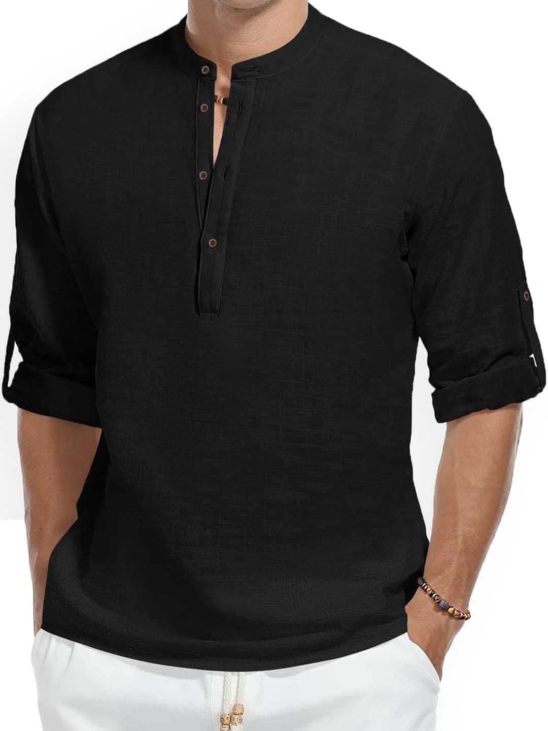 Fifth U Band Collar Roll-Up Sleeves Straight Short Kurta - view 1