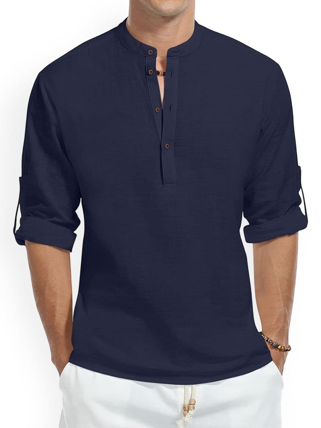 Fifth U Band Collar Roll-Up Sleeves Straight Short Kurta - view 1