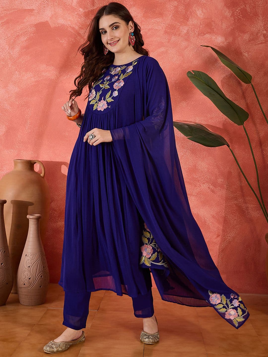Sangria Floral Yoke Design Straight A-Line With Trouser And Dupatta - view 1