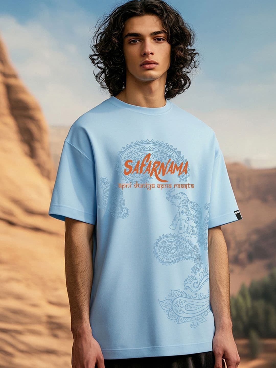 Bewakoof Men's Chambray Blue Safarnama Graphic Printed Oversized T-shirt - view 1