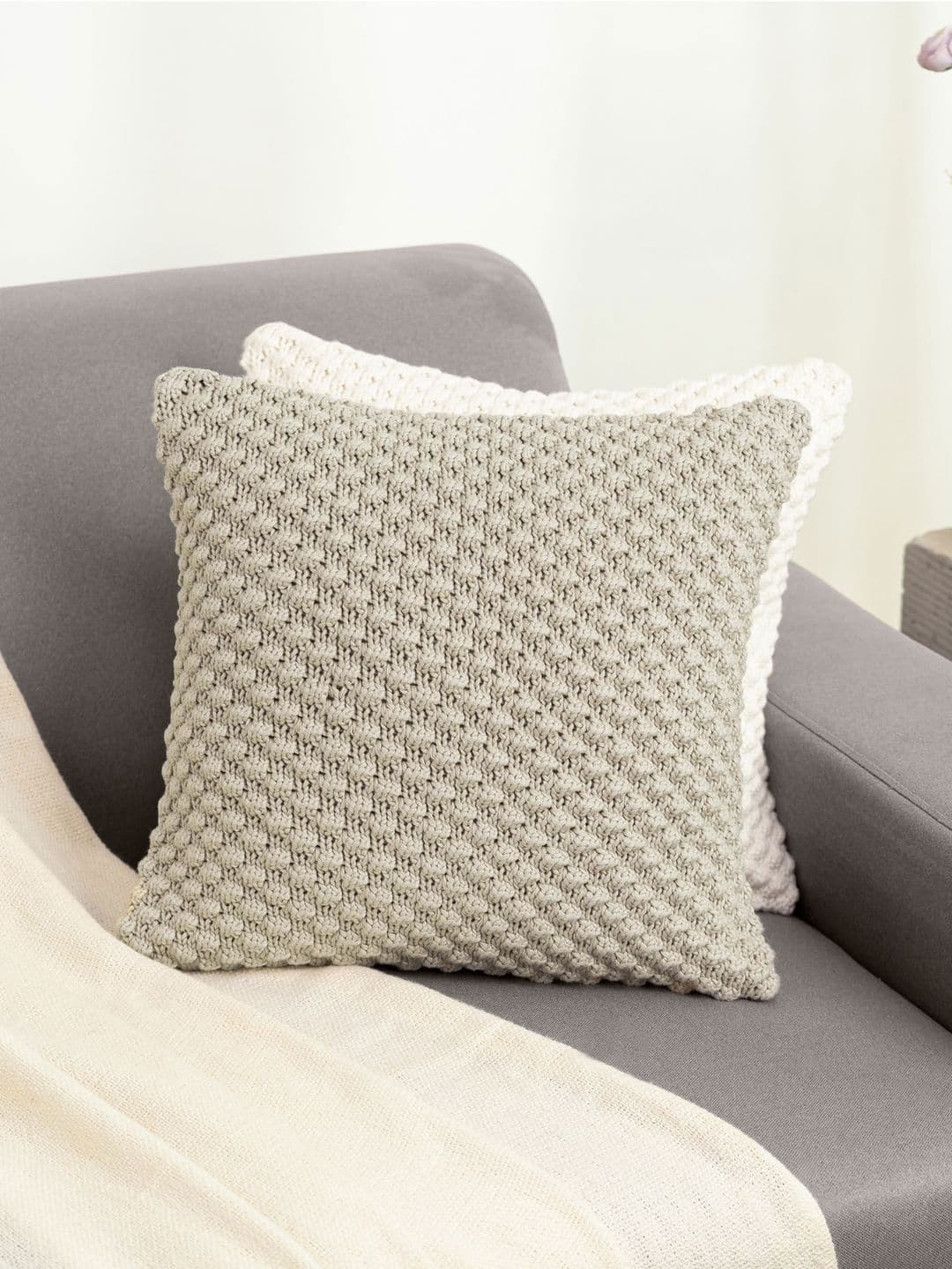 haus & kinder Beige Self Design Cotton 2 Pcs Embroidered Square Cushion Covers -16x16In - view 1