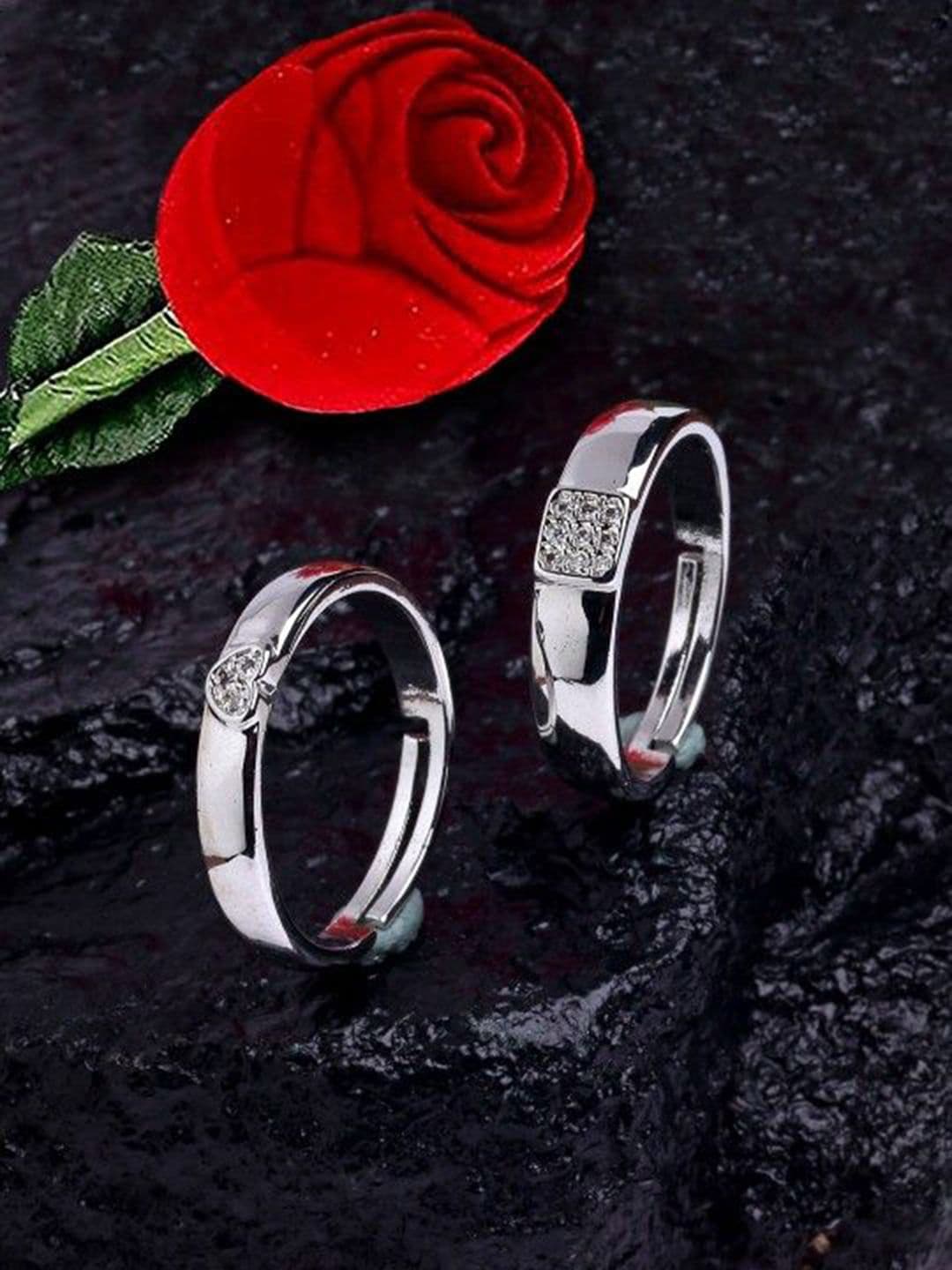 PASU FASHION Set Of 2 Sterling Silver Silver-Plated Stones Studded Finger Rings With Rose - view 1
