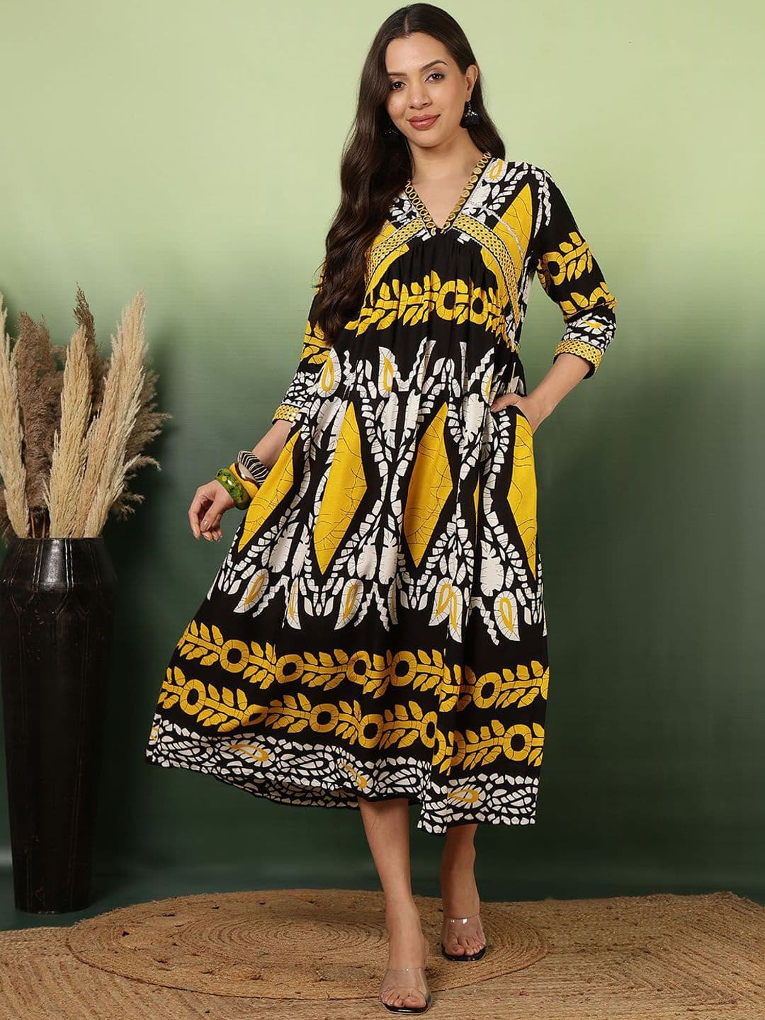 Sangria Ethnic Motifs Print Mirror Work Pure Cotton A-line Dress - view 1