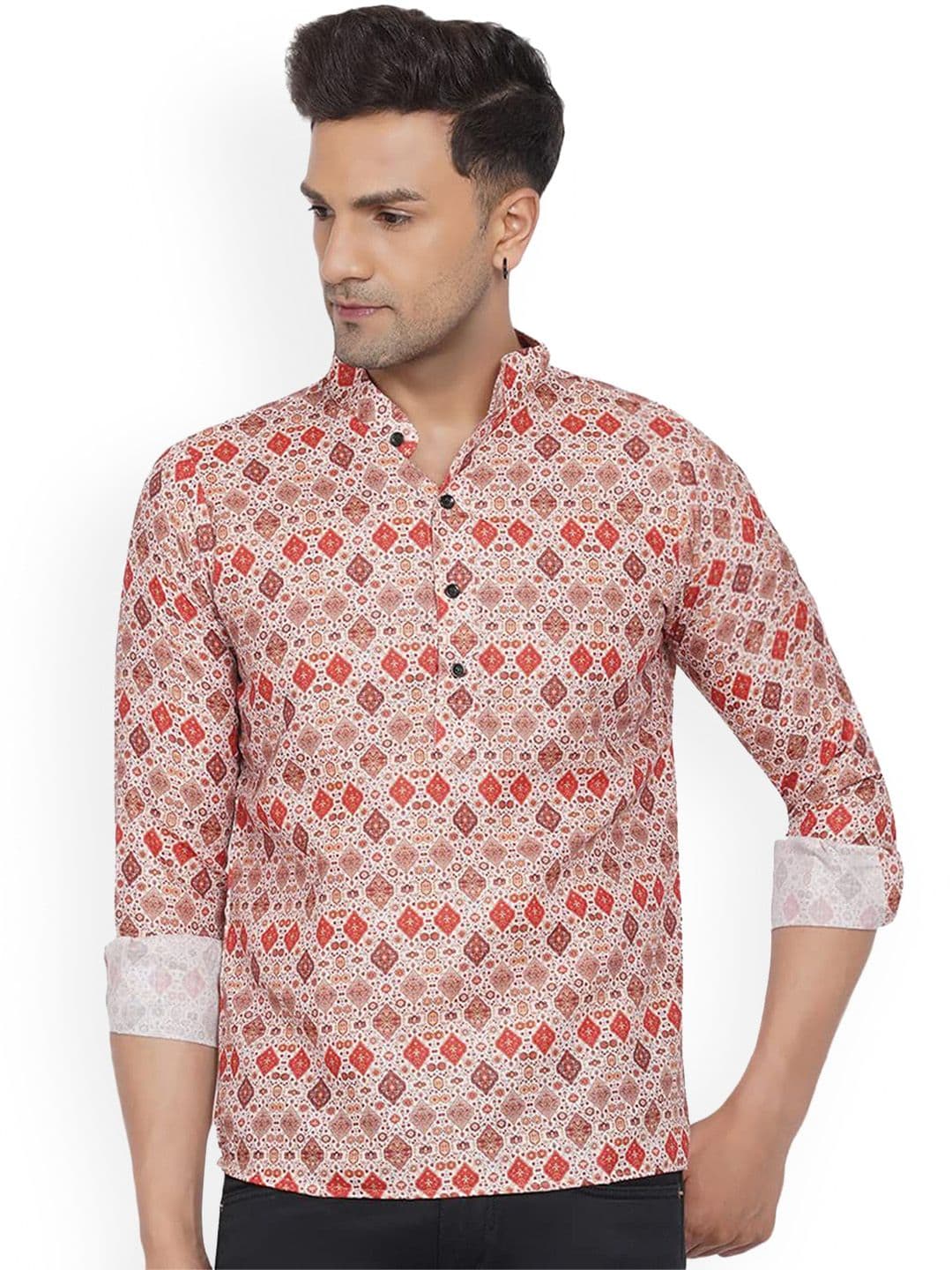 VEERA PARIDHAAN Ethnic Motifs Printed Band Collar Cotton Straight Short Kurta - view 1