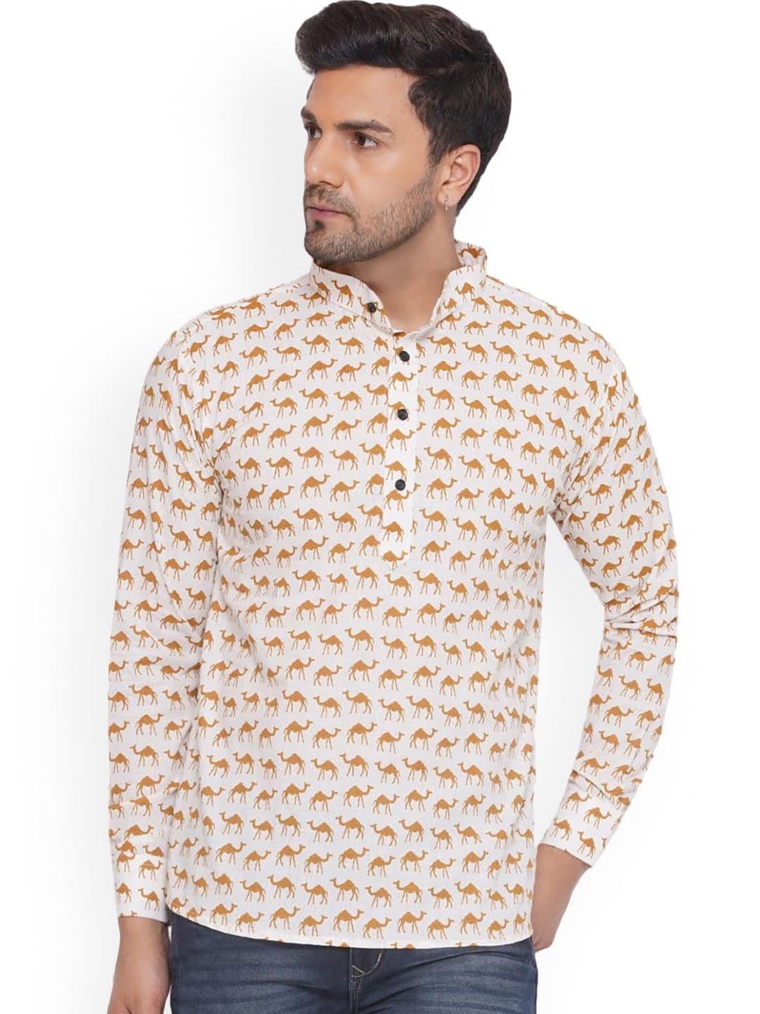 VEERA PARIDHAAN Animal Printed Band Collar Long Roll-Up Sleeves Cotton Kurta - view 1